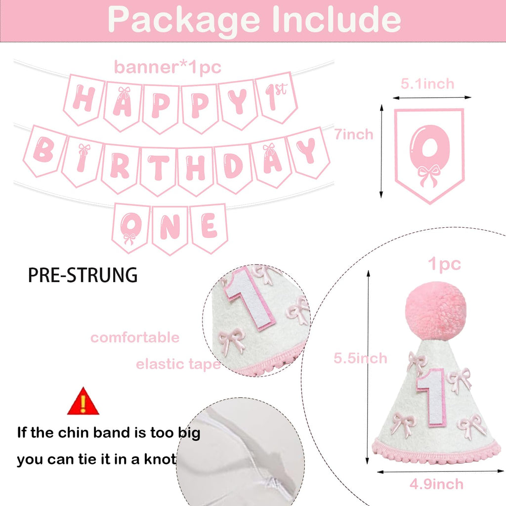 Shanmorine First Birthday Decorations for Girl – Pink Bow Hat & Pre-Stringed ‘HAPPY 1st BIRTHDAY’ Banner