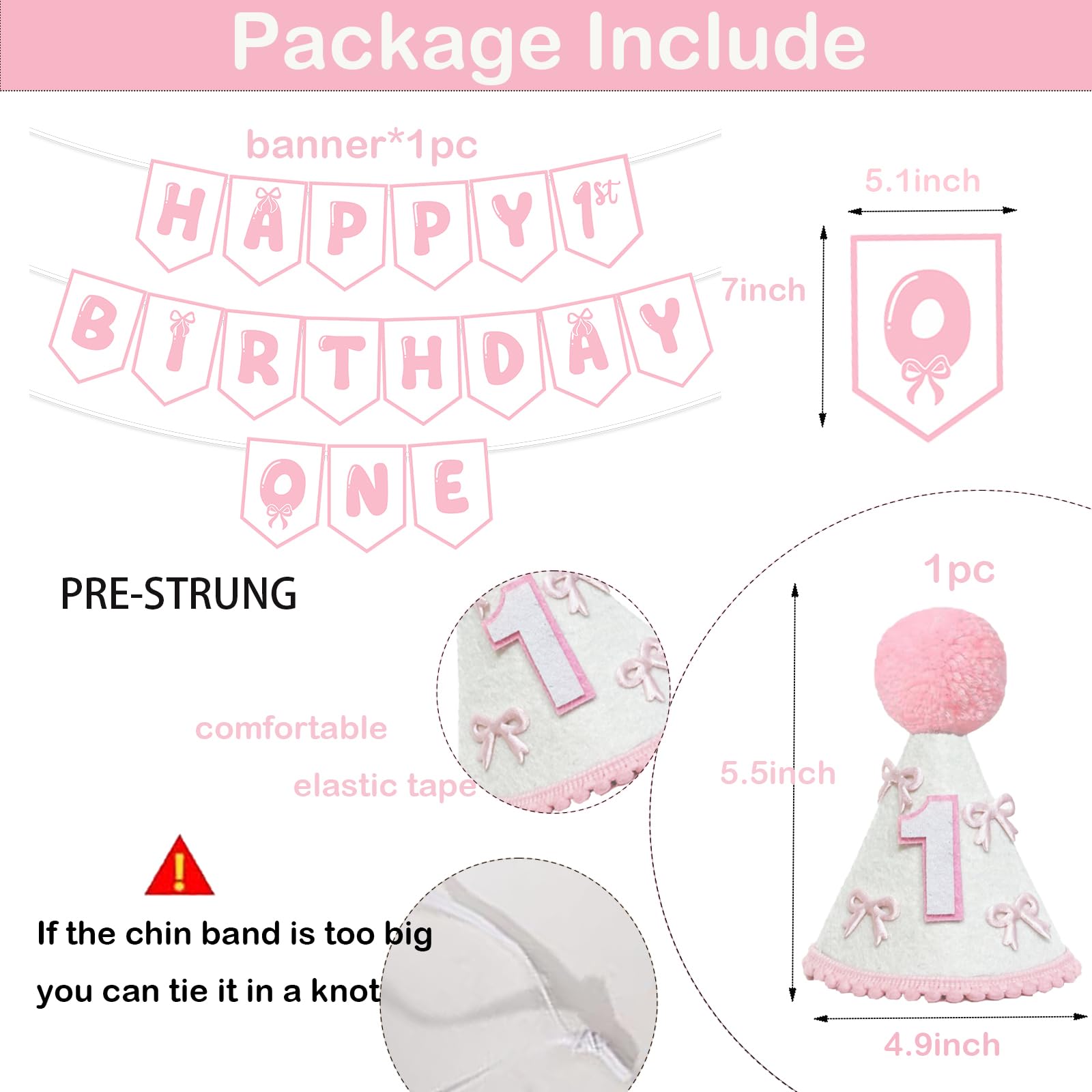 Shanmorine First Birthday Decorations for Girl – Pink Bow Hat & Pre-Stringed ‘HAPPY 1st BIRTHDAY’ Banner