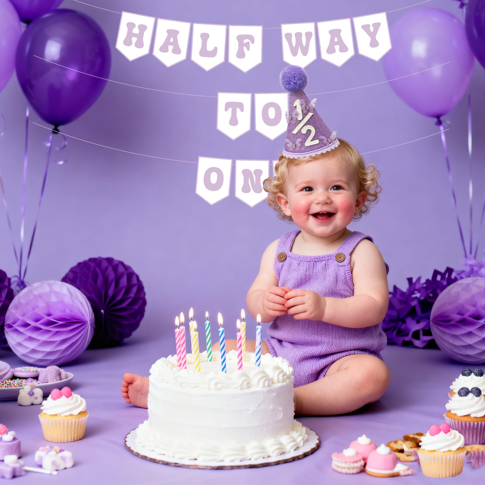 Shanmorine 1/2 Birthday Decorations for Girl – Purple Hat with 3D Butterfly & Half Way to One Banner