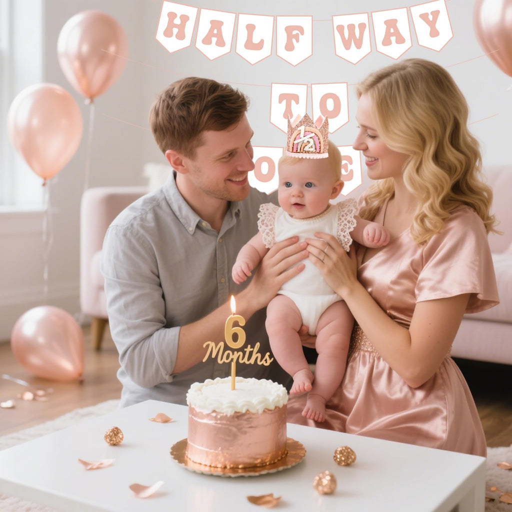 Shanmorine Rose Gold Half Birthday Crown & Half Way to One Banner for Girls | 6 Months BDDecorations