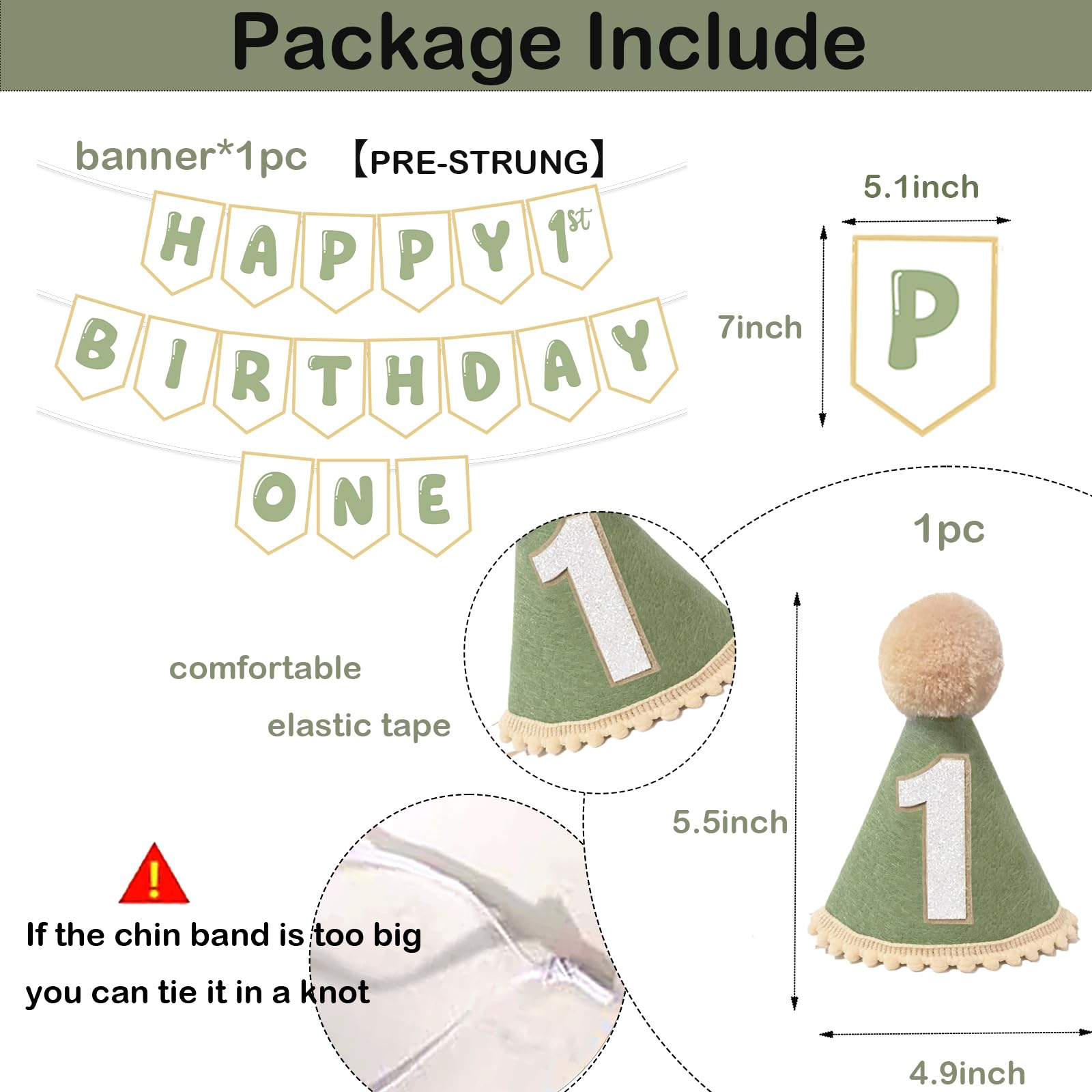 Shanmorine Sage Green 1st Birthday Hat and Pre-Strung Banner