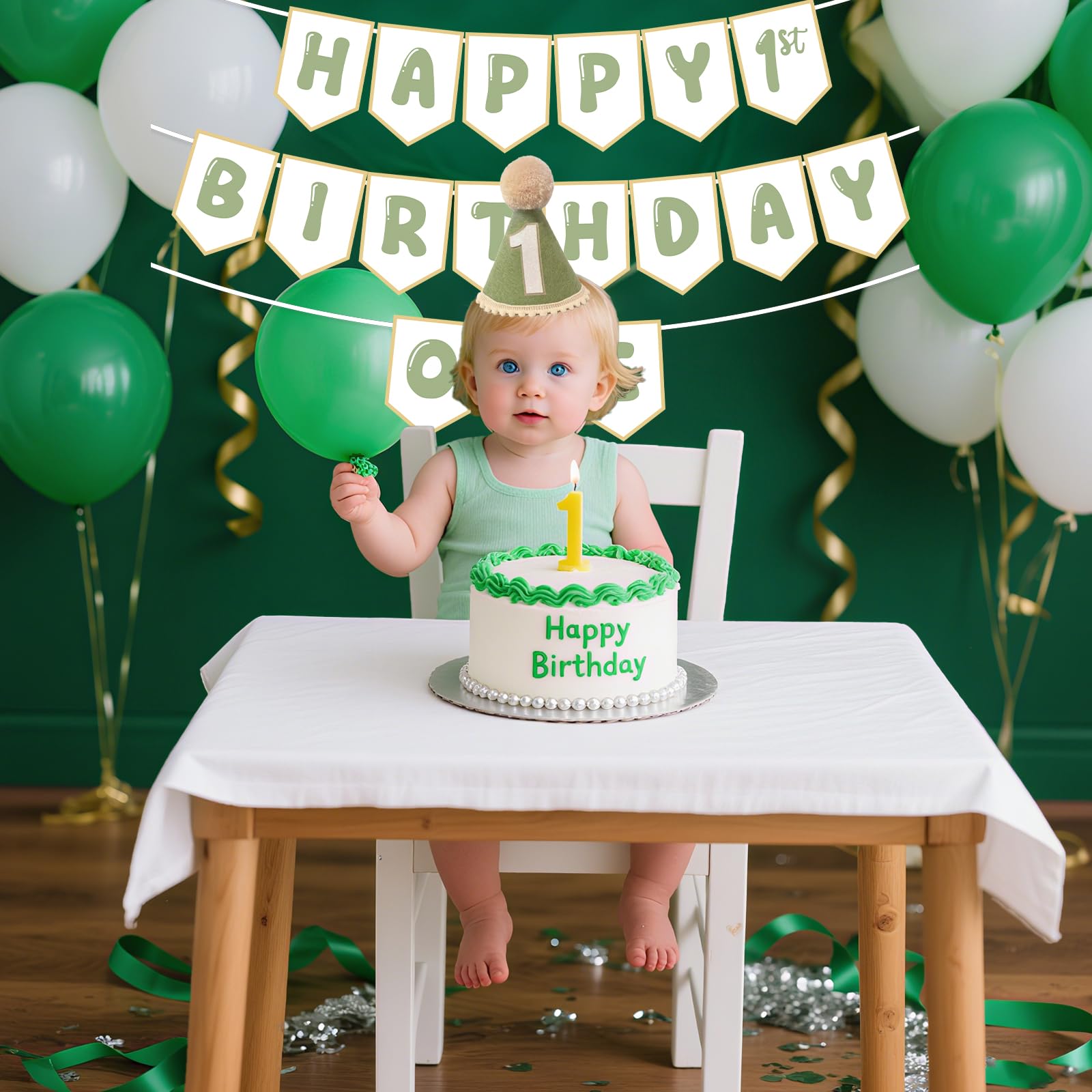Shanmorine Sage Green 1st Birthday Hat and Pre-Strung Banner