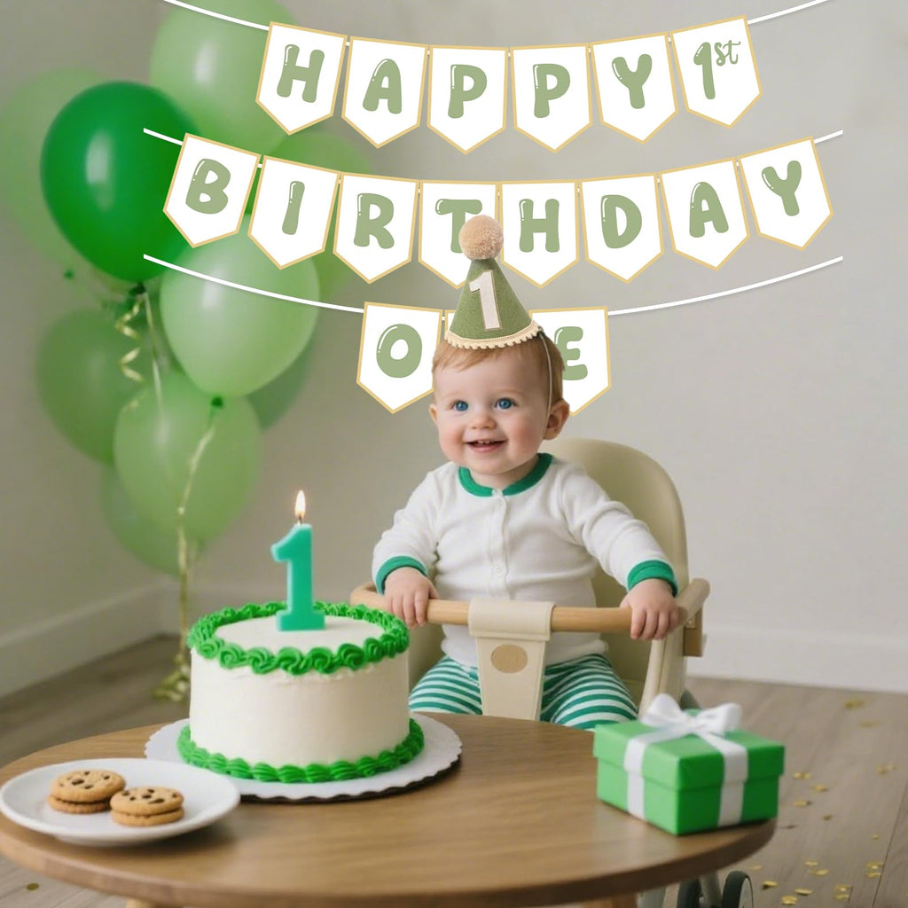Shanmorine Sage Green 1st Birthday Hat and Pre-Strung Banner