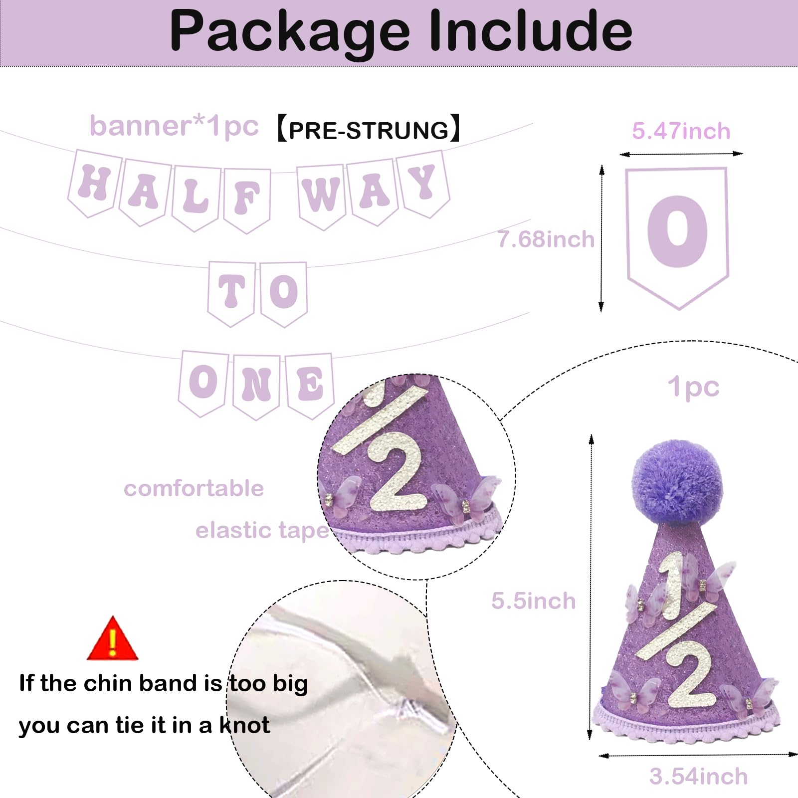 Shanmorine 1/2 Birthday Decorations for Girl – Purple Hat with 3D Butterfly & Half Way to One Banner