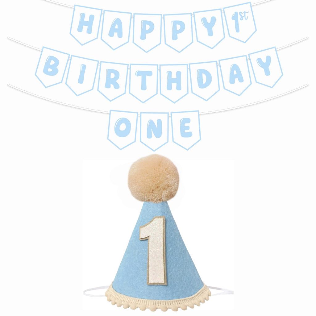 Shanmorine First Birthday Decorations for Boy – Blue Hat & Pre-Strung 1st Birthday Banner