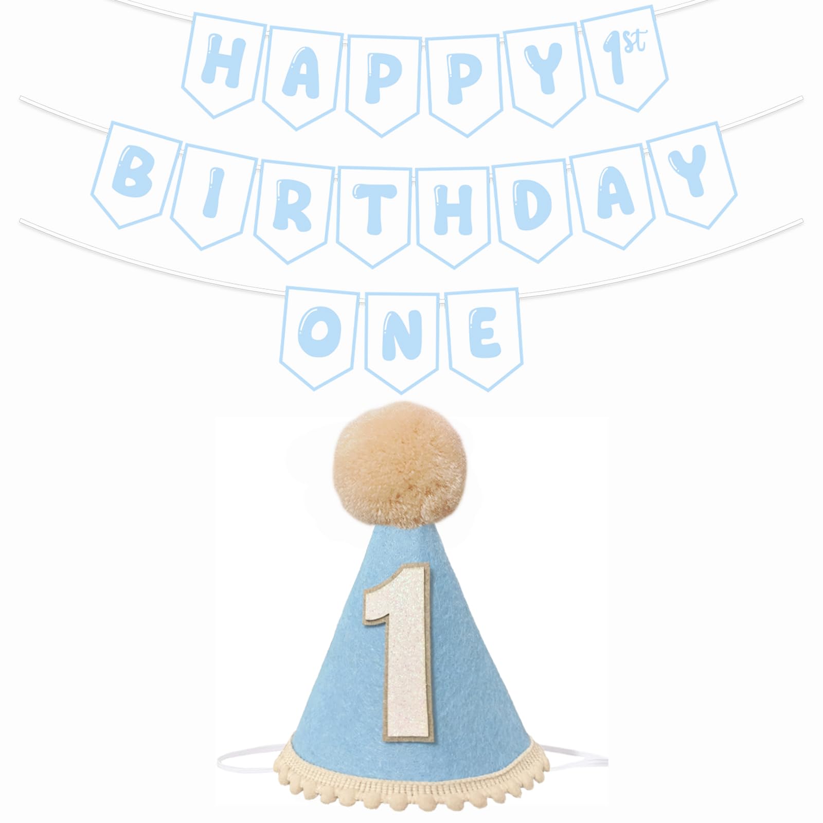 Shanmorine First Birthday Decorations for Boy – Blue Hat & Pre-Strung 1st Birthday Banner