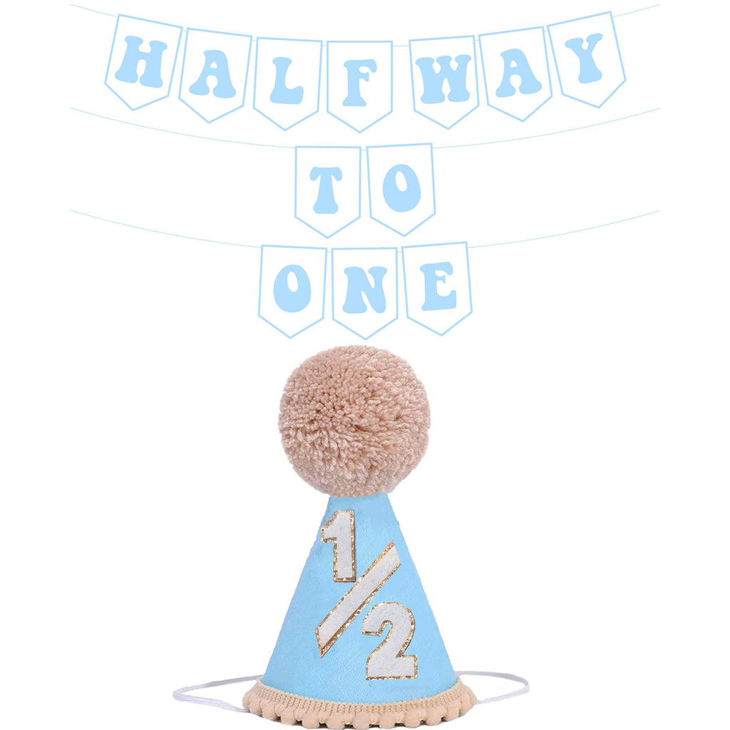 Blue Half Birthday Decorations for Boys | 1/2 Birthday Hat & Pre-Strung Banner by Shanmorine