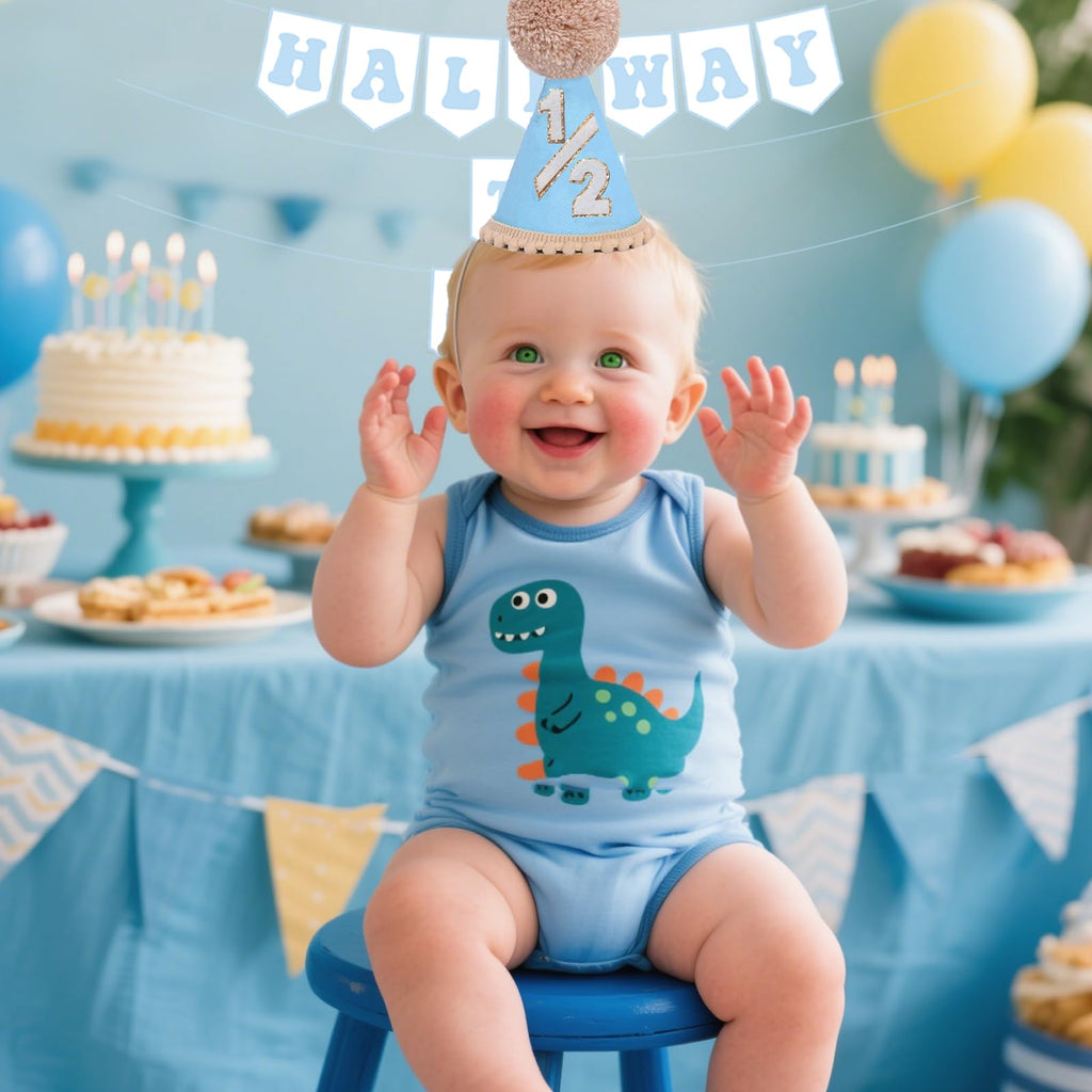 Blue Half Birthday Decorations for Boys | 1/2 Birthday Hat & Pre-Strung Banner by Shanmorine