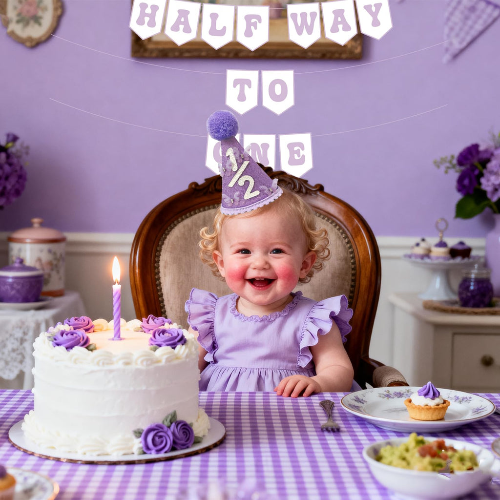 Shanmorine 1/2 Birthday Decorations for Girl – Purple Hat with 3D Butterfly & Half Way to One Banner