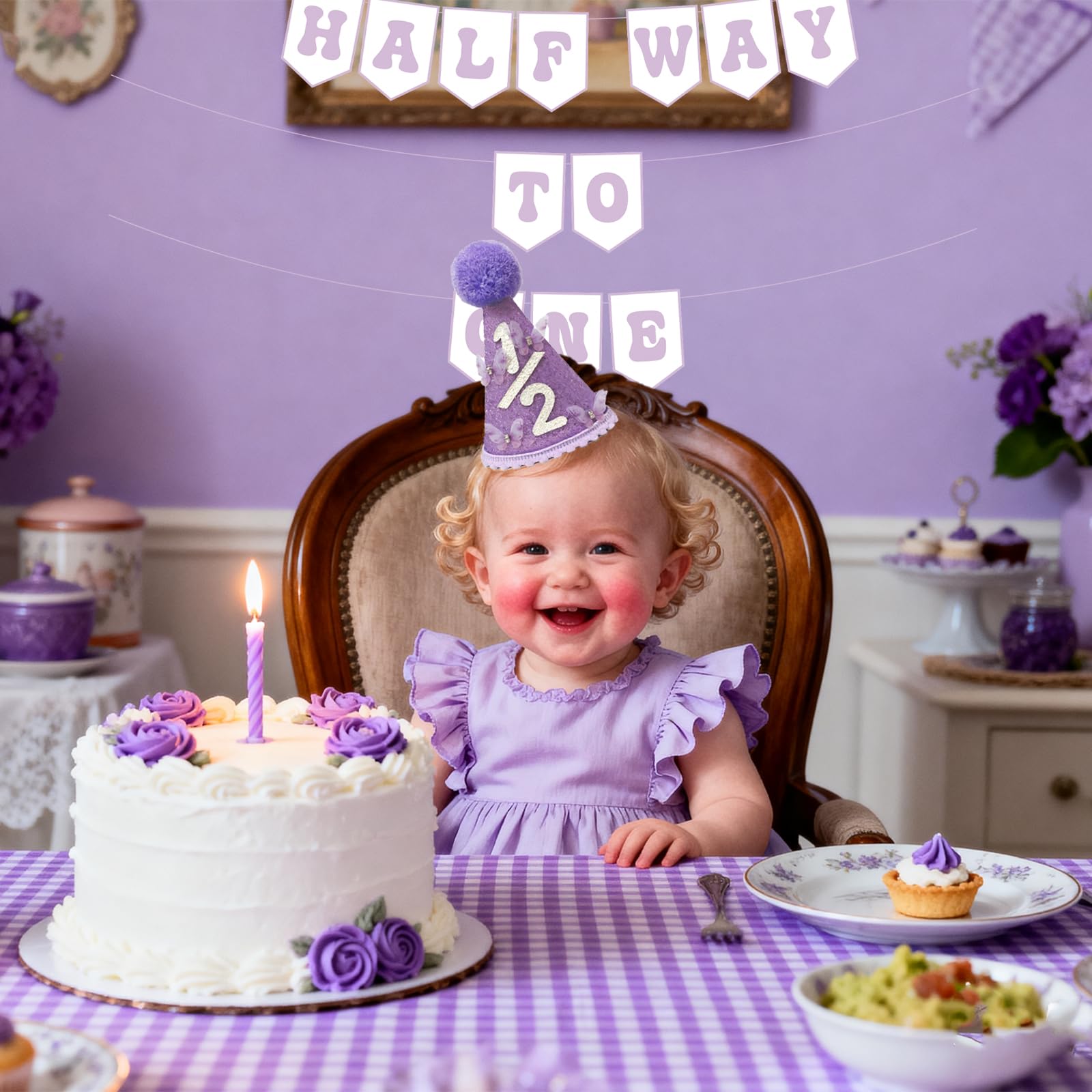 Shanmorine 1/2 Birthday Decorations for Girl – Purple Hat with 3D Butterfly & Half Way to One Banner