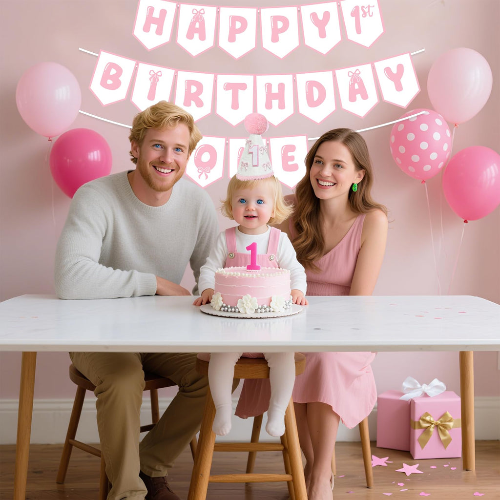 Shanmorine First Birthday Decorations for Girl – Pink Bow Hat & Pre-Stringed ‘HAPPY 1st BIRTHDAY’ Banner