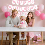 Shanmorine First Birthday Decorations for Girl – Pink Bow Hat & Pre-Stringed ‘HAPPY 1st BIRTHDAY’ Banner