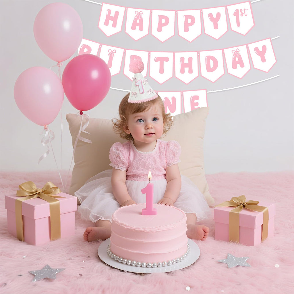 Shanmorine First Birthday Decorations for Girl – Pink Bow Hat & Pre-Stringed ‘HAPPY 1st BIRTHDAY’ Banner