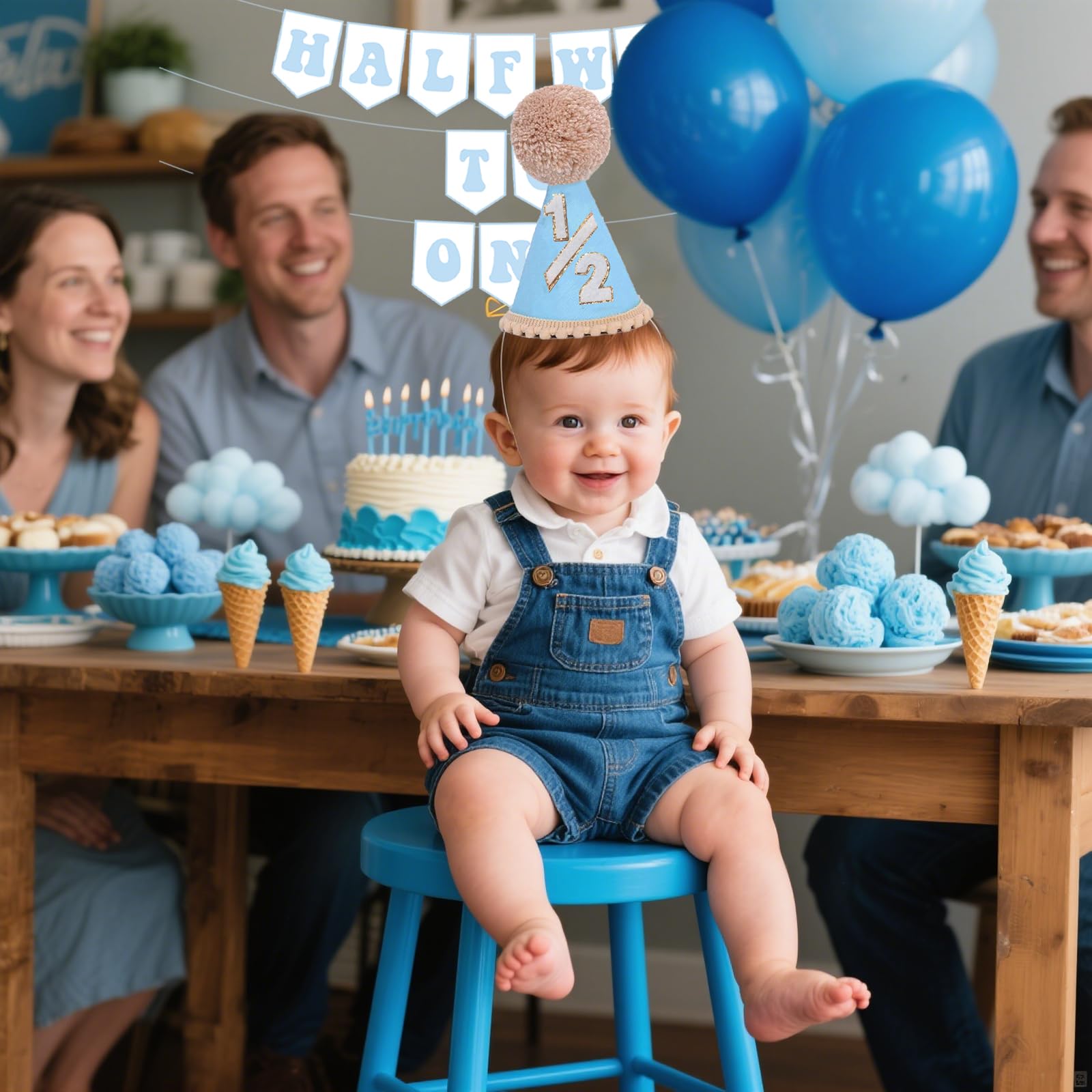 Blue Half Birthday Decorations for Boys | 1/2 Birthday Hat & Pre-Strung Banner by Shanmorine