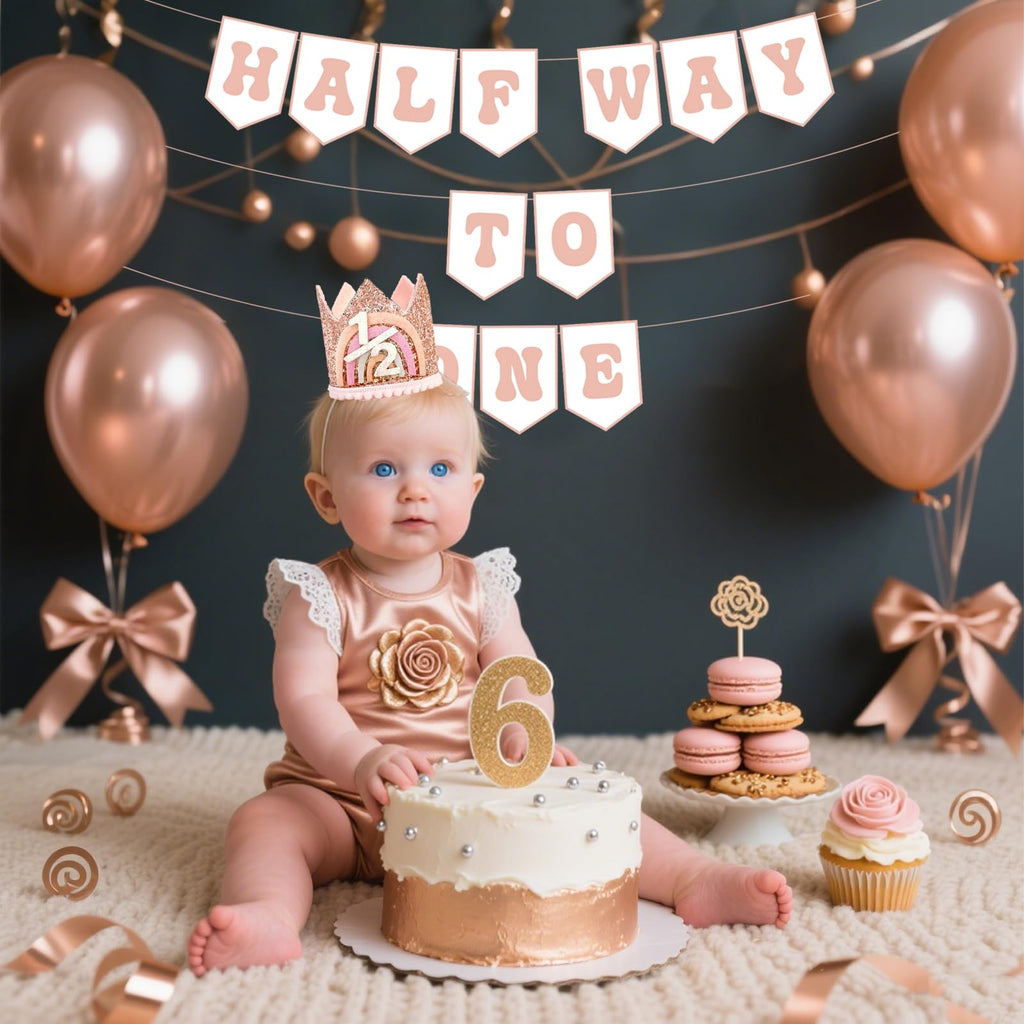 Shanmorine Rose Gold Half Birthday Crown & Half Way to One Banner for Girls | 6 Months BDDecorations