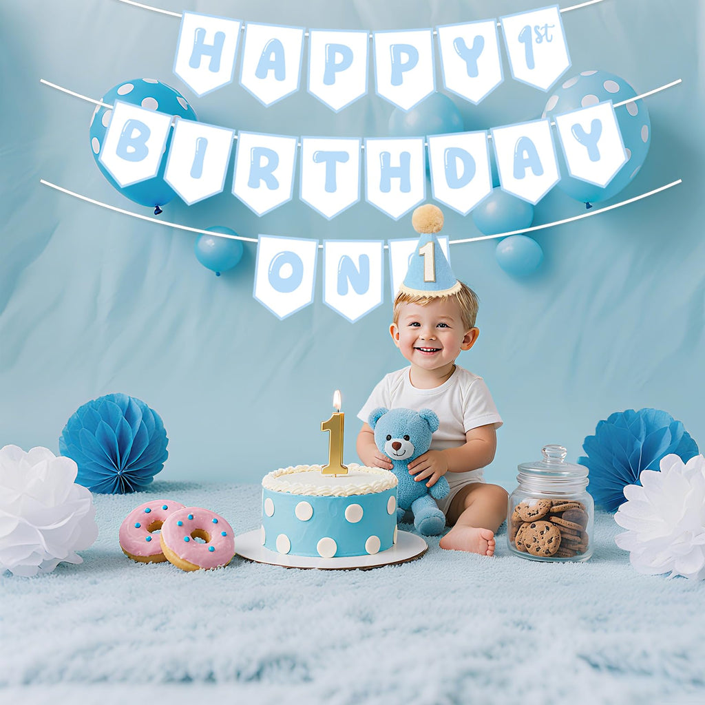 Shanmorine First Birthday Decorations for Boy – Blue Hat & Pre-Strung 1st Birthday Banner