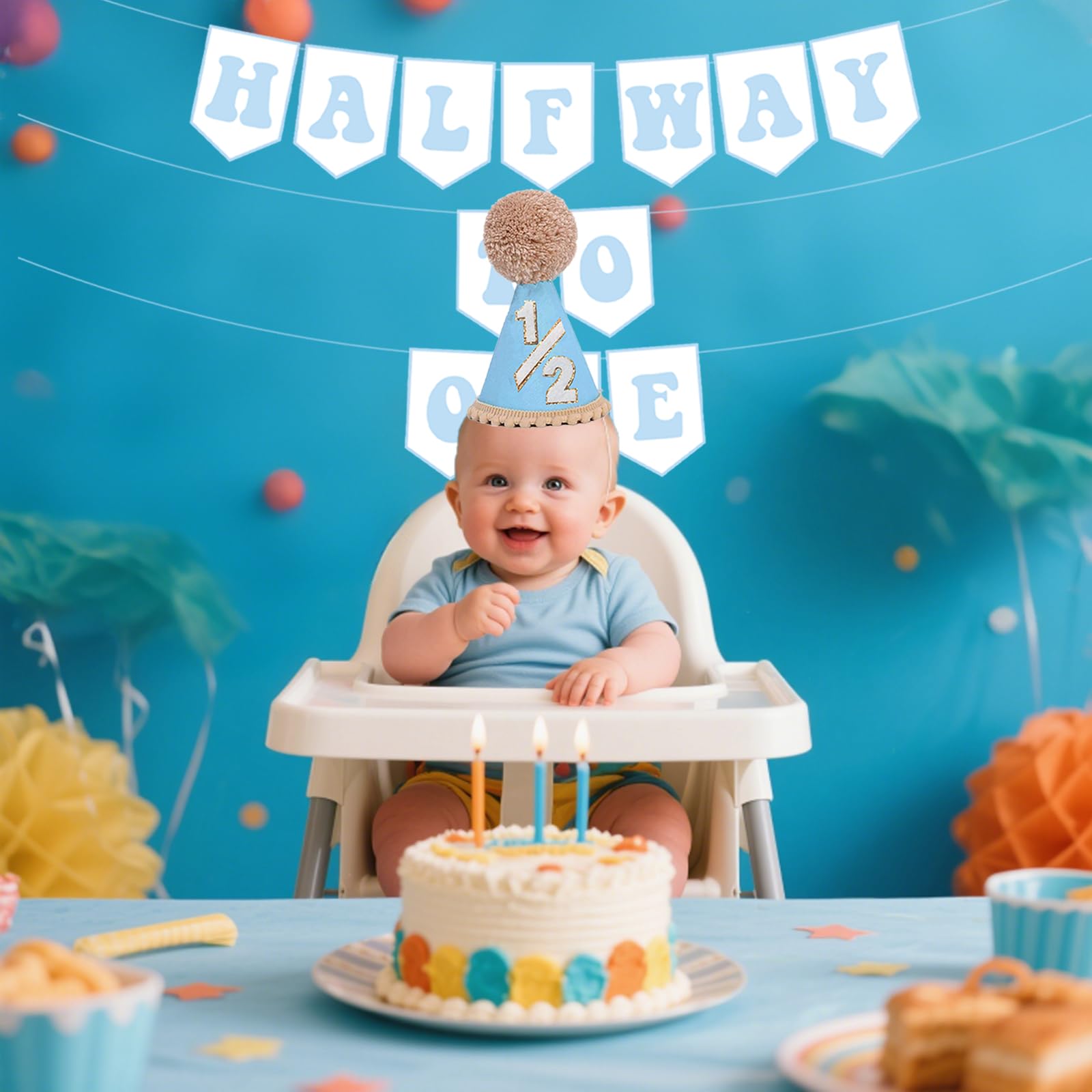 Blue Half Birthday Decorations for Boys | 1/2 Birthday Hat & Pre-Strung Banner by Shanmorine