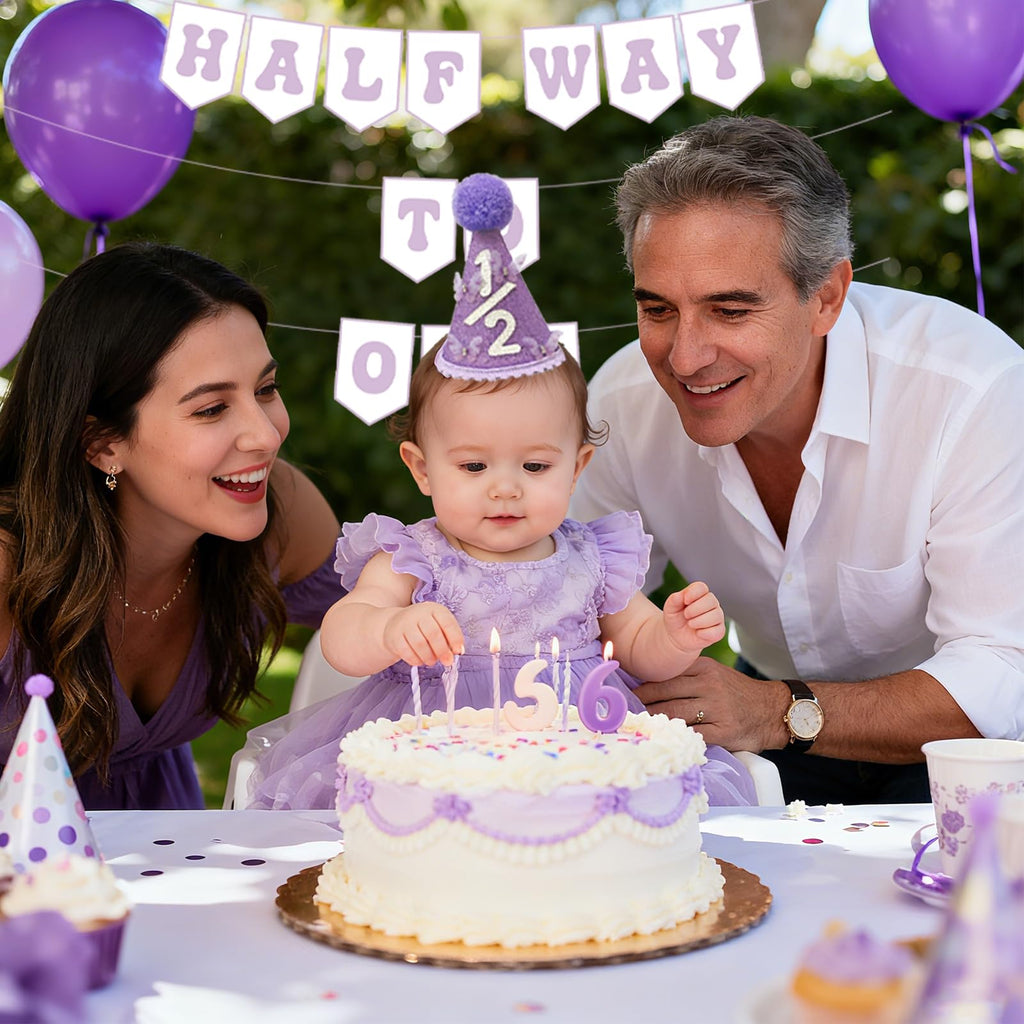 Shanmorine 1/2 Birthday Decorations for Girl – Purple Hat with 3D Butterfly & Half Way to One Banner