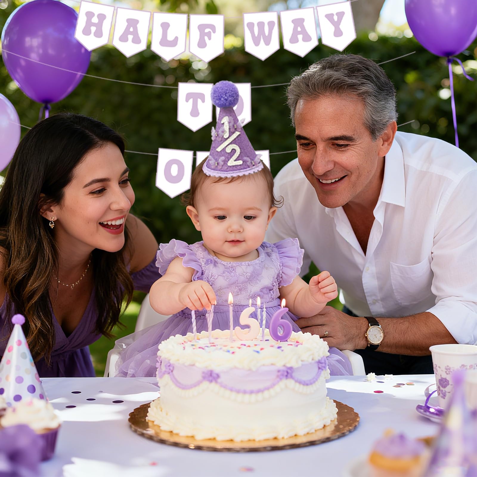 Shanmorine 1/2 Birthday Decorations for Girl – Purple Hat with 3D Butterfly & Half Way to One Banner