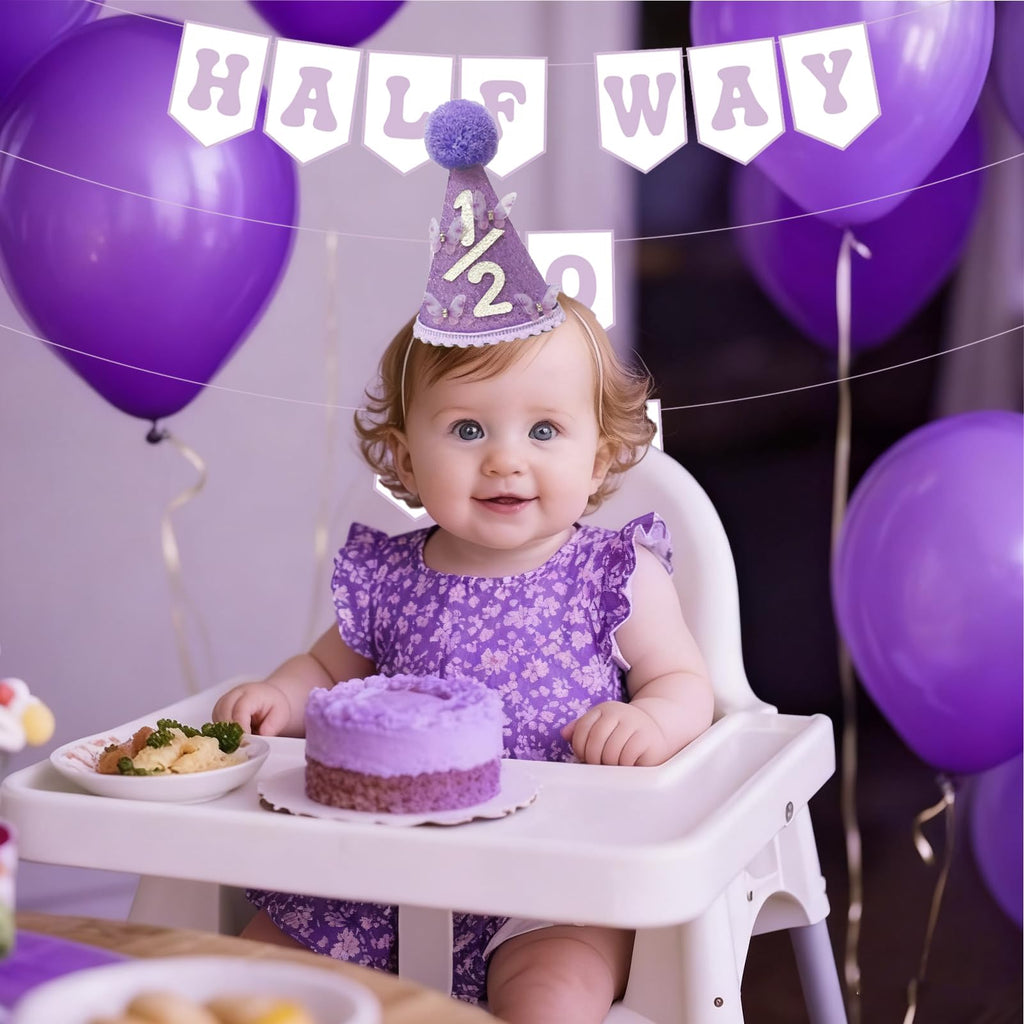 Shanmorine 1/2 Birthday Decorations for Girl – Purple Hat with 3D Butterfly & Half Way to One Banner