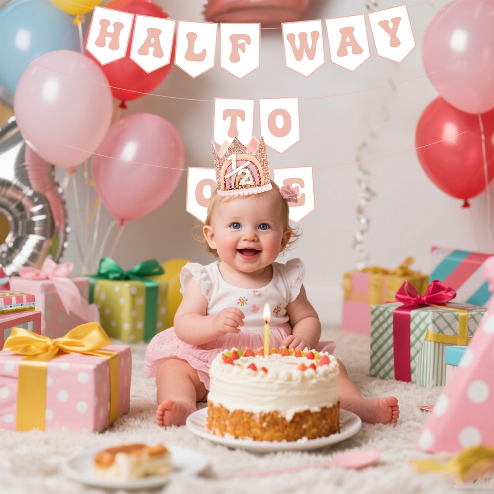 Shanmorine Rose Gold Half Birthday Crown & Half Way to One Banner for Girls | 6 Months BDDecorations