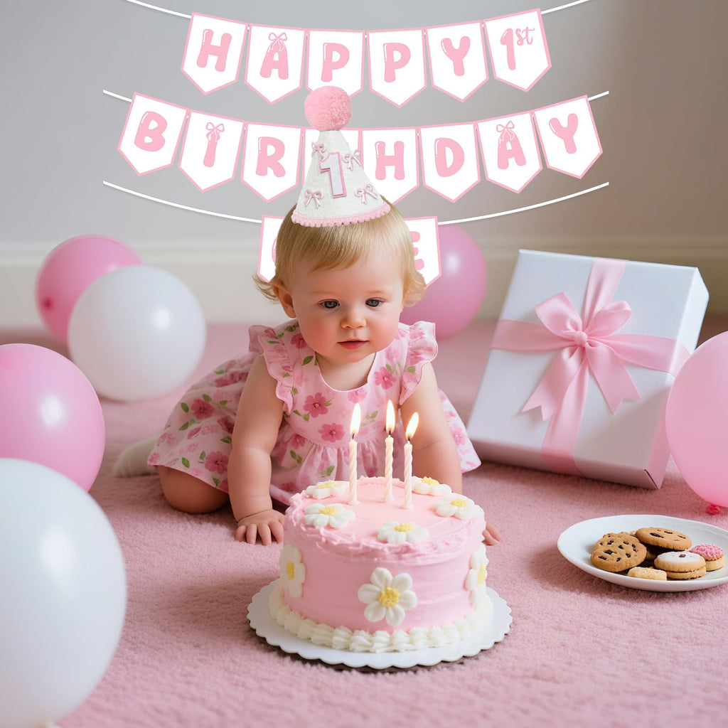 Shanmorine First Birthday Decorations for Girl – Pink Bow Hat & Pre-Stringed ‘HAPPY 1st BIRTHDAY’ Banner