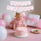 Shanmorine First Birthday Decorations for Girl – Pink Bow Hat & Pre-Stringed ‘HAPPY 1st BIRTHDAY’ Banner