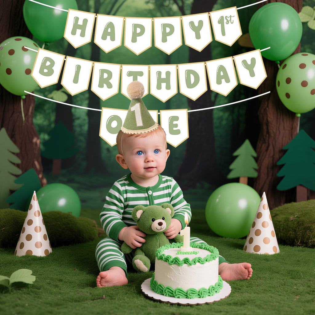 Shanmorine Sage Green 1st Birthday Hat and Pre-Strung Banner