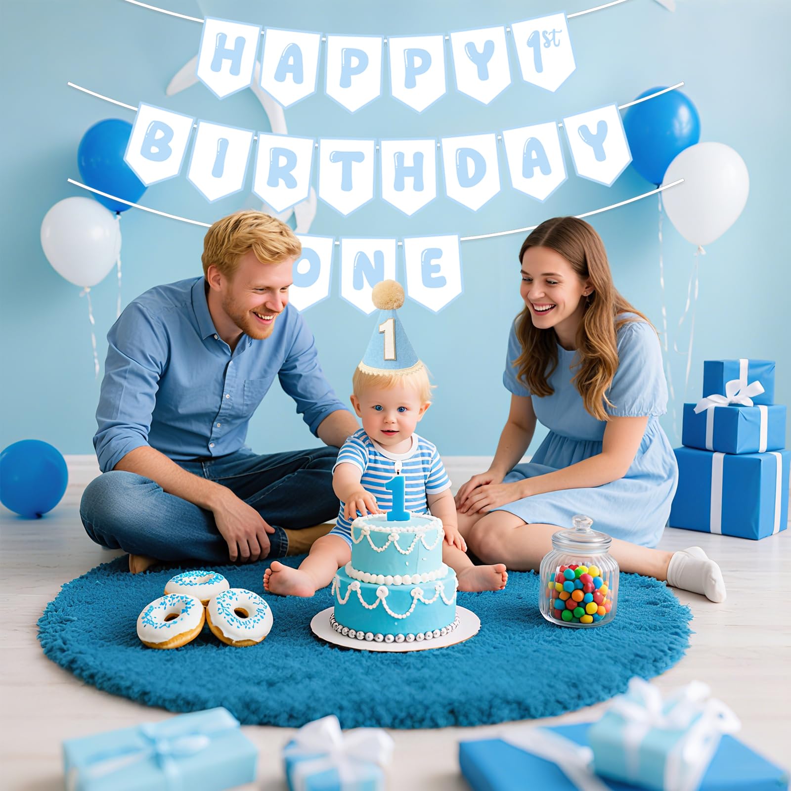 Shanmorine First Birthday Decorations for Boy – Blue Hat & Pre-Strung 1st Birthday Banner