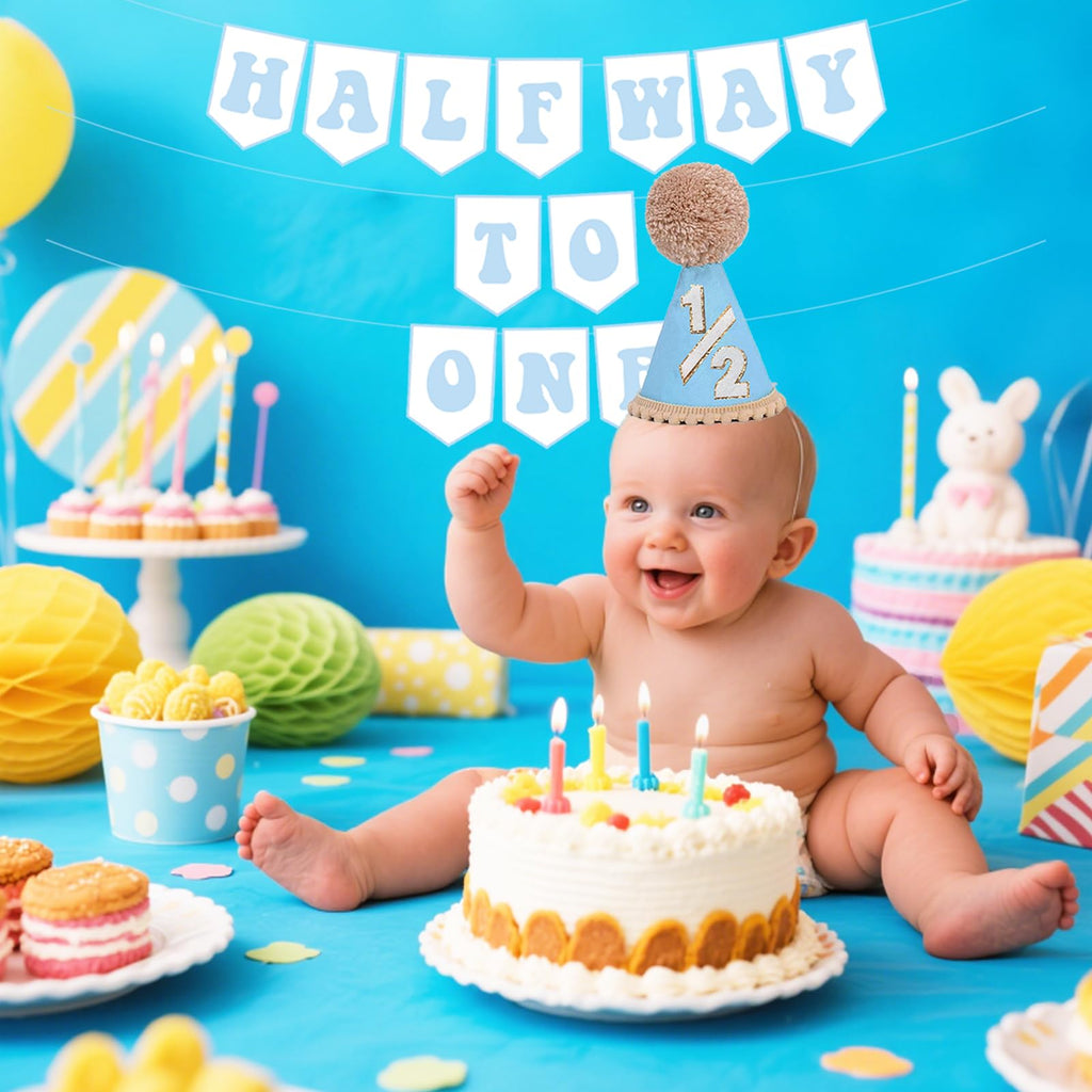 Blue Half Birthday Decorations for Boys | 1/2 Birthday Hat & Pre-Strung Banner by Shanmorine