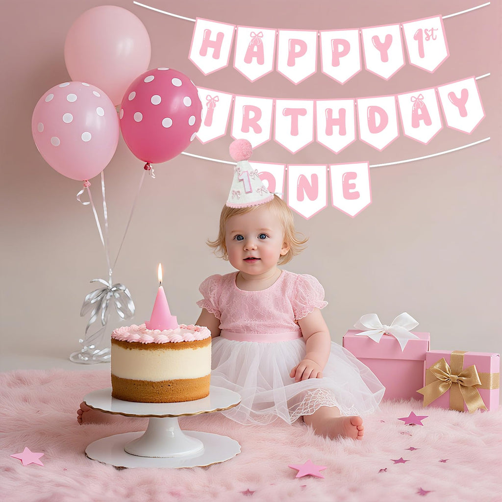Shanmorine First Birthday Decorations for Girl – Pink Bow Hat & Pre-Stringed ‘HAPPY 1st BIRTHDAY’ Banner