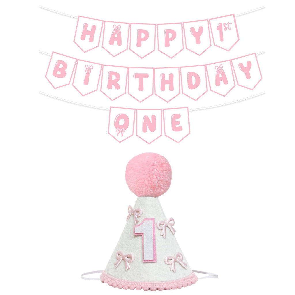 Shanmorine First Birthday Decorations for Girl – Pink Bow Hat & Pre-Stringed ‘HAPPY 1st BIRTHDAY’ Banner