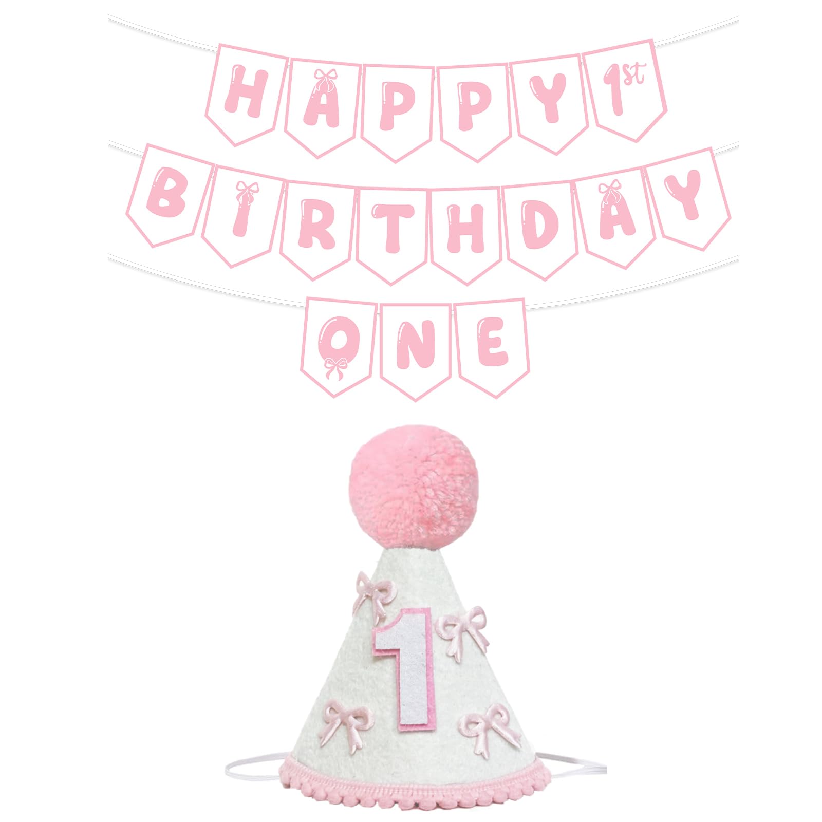 Shanmorine First Birthday Decorations for Girl – Pink Bow Hat & Pre-Stringed ‘HAPPY 1st BIRTHDAY’ Banner