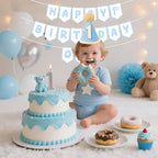 Shanmorine First Birthday Decorations for Boy – Blue Hat & Pre-Strung 1st Birthday Banner