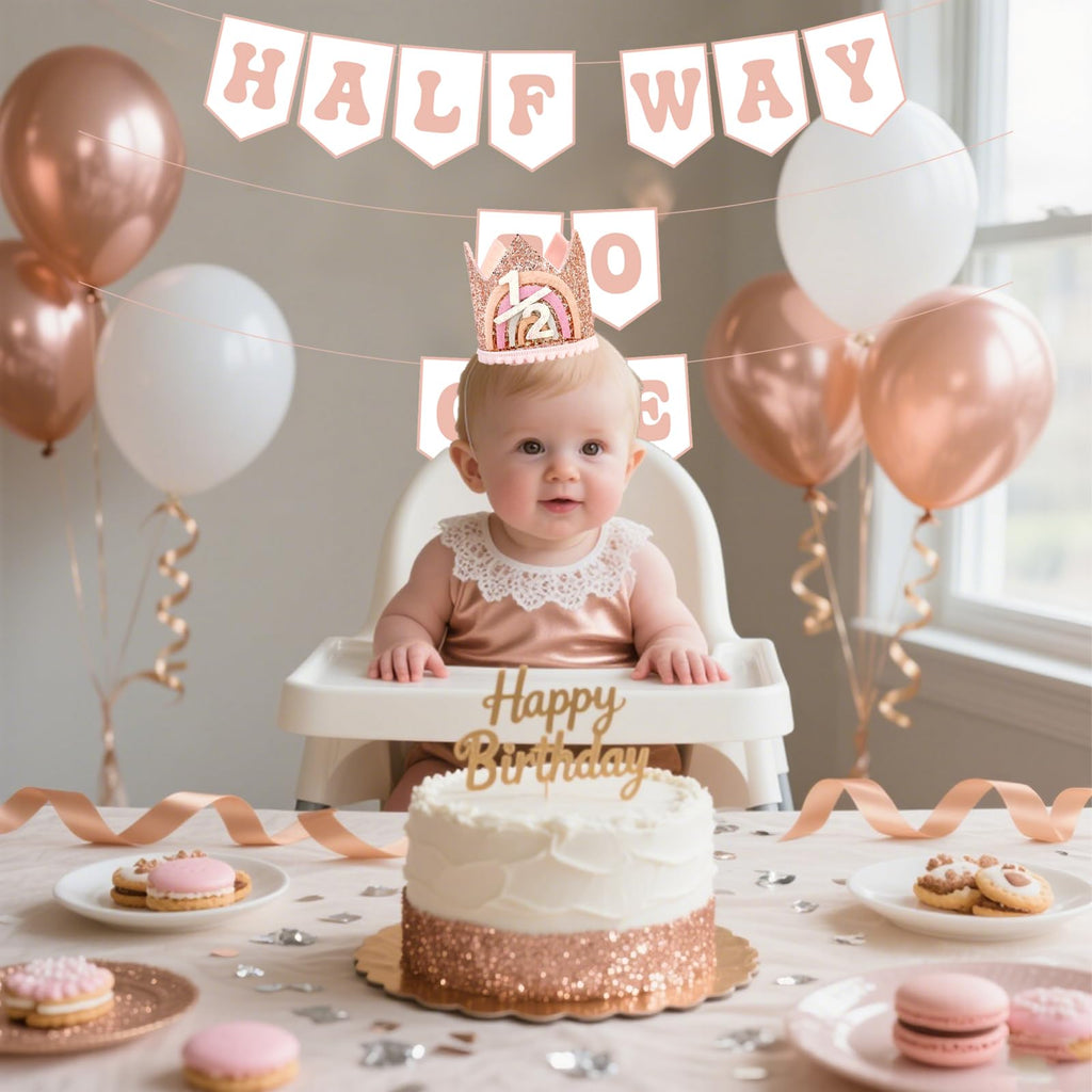 Shanmorine Rose Gold Half Birthday Crown & Half Way to One Banner for Girls | 6 Months BDDecorations
