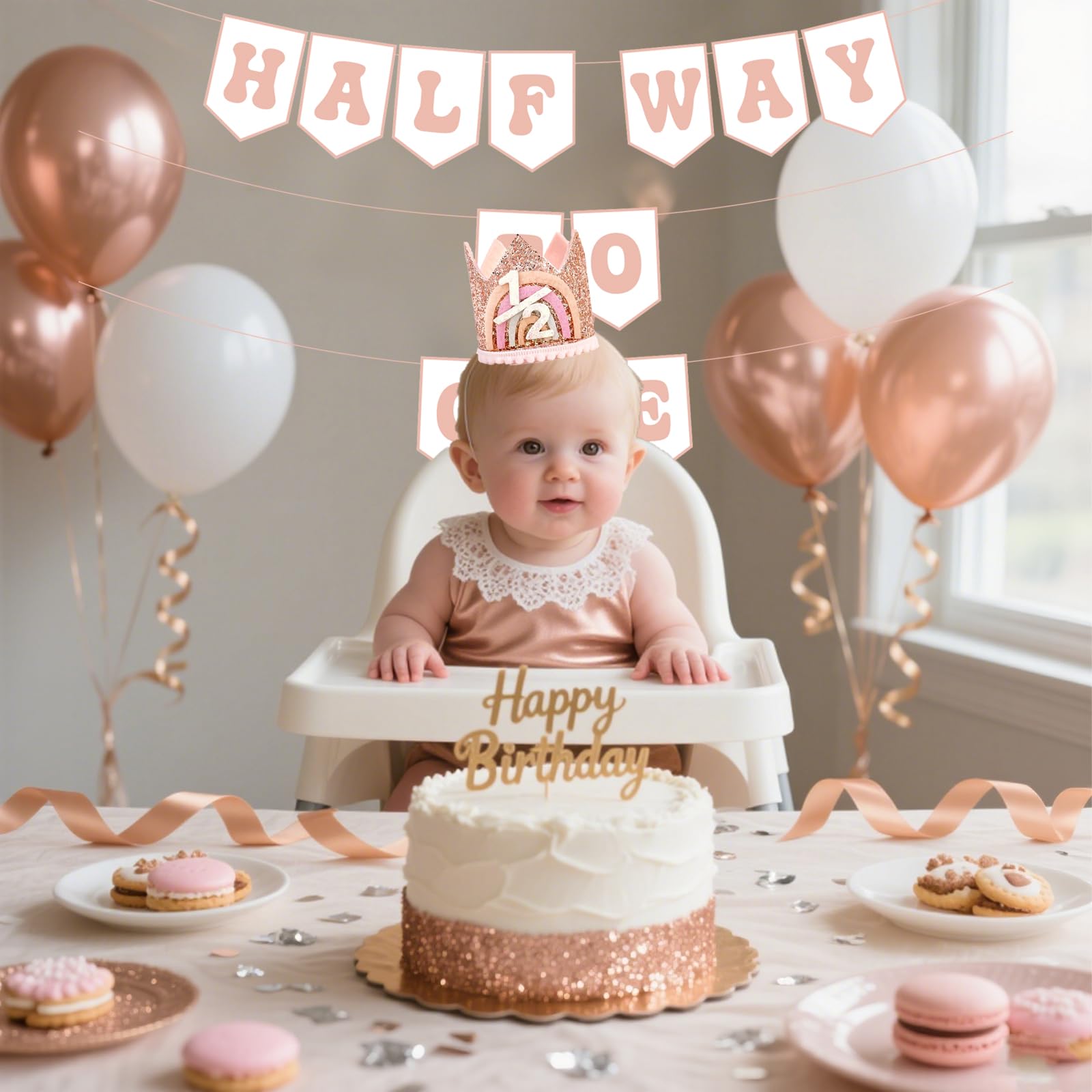 Shanmorine Rose Gold Half Birthday Crown & Half Way to One Banner for Girls | 6 Months BDDecorations