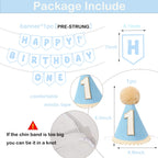 Shanmorine First Birthday Decorations for Boy – Blue Hat & Pre-Strung 1st Birthday Banner