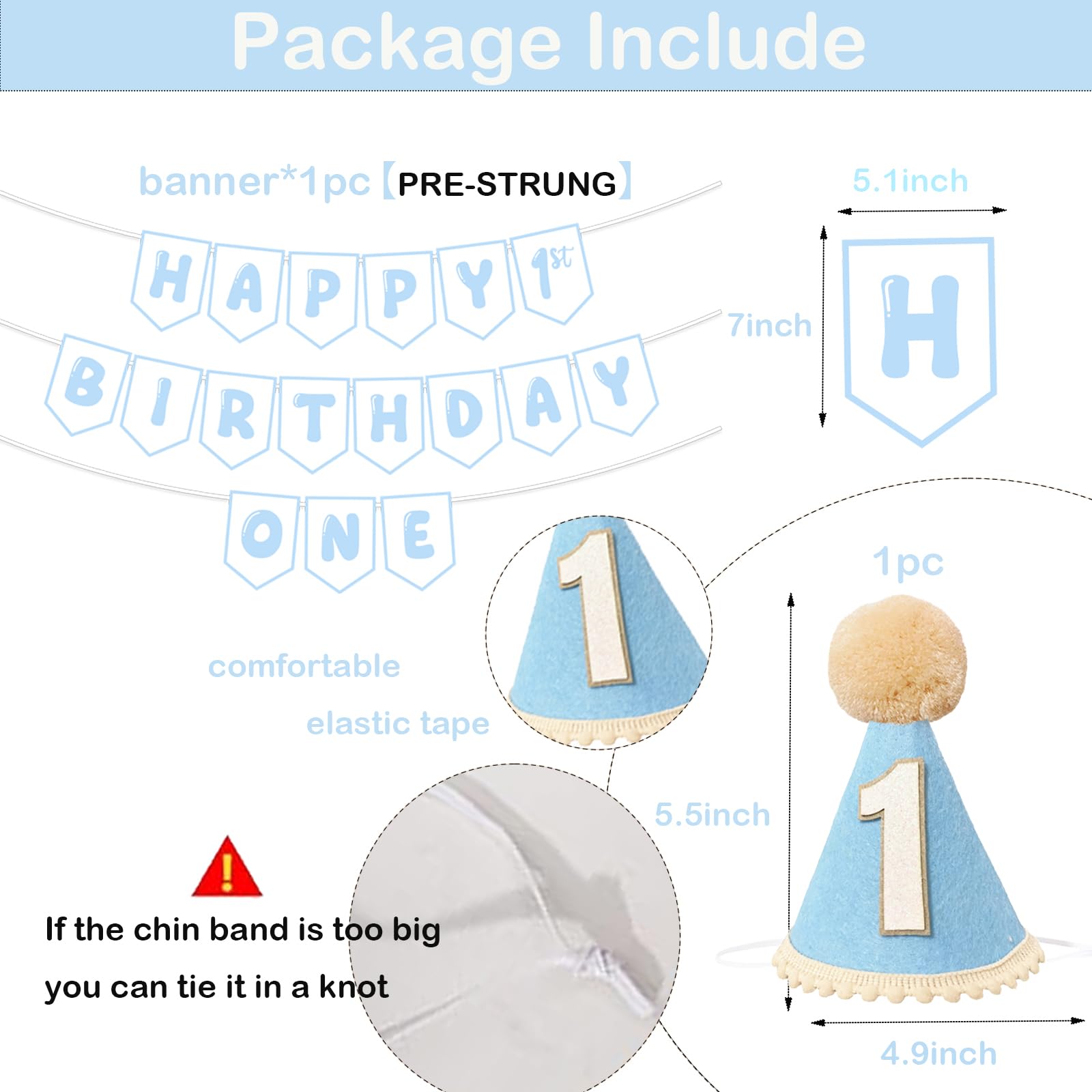 Shanmorine First Birthday Decorations for Boy – Blue Hat & Pre-Strung 1st Birthday Banner