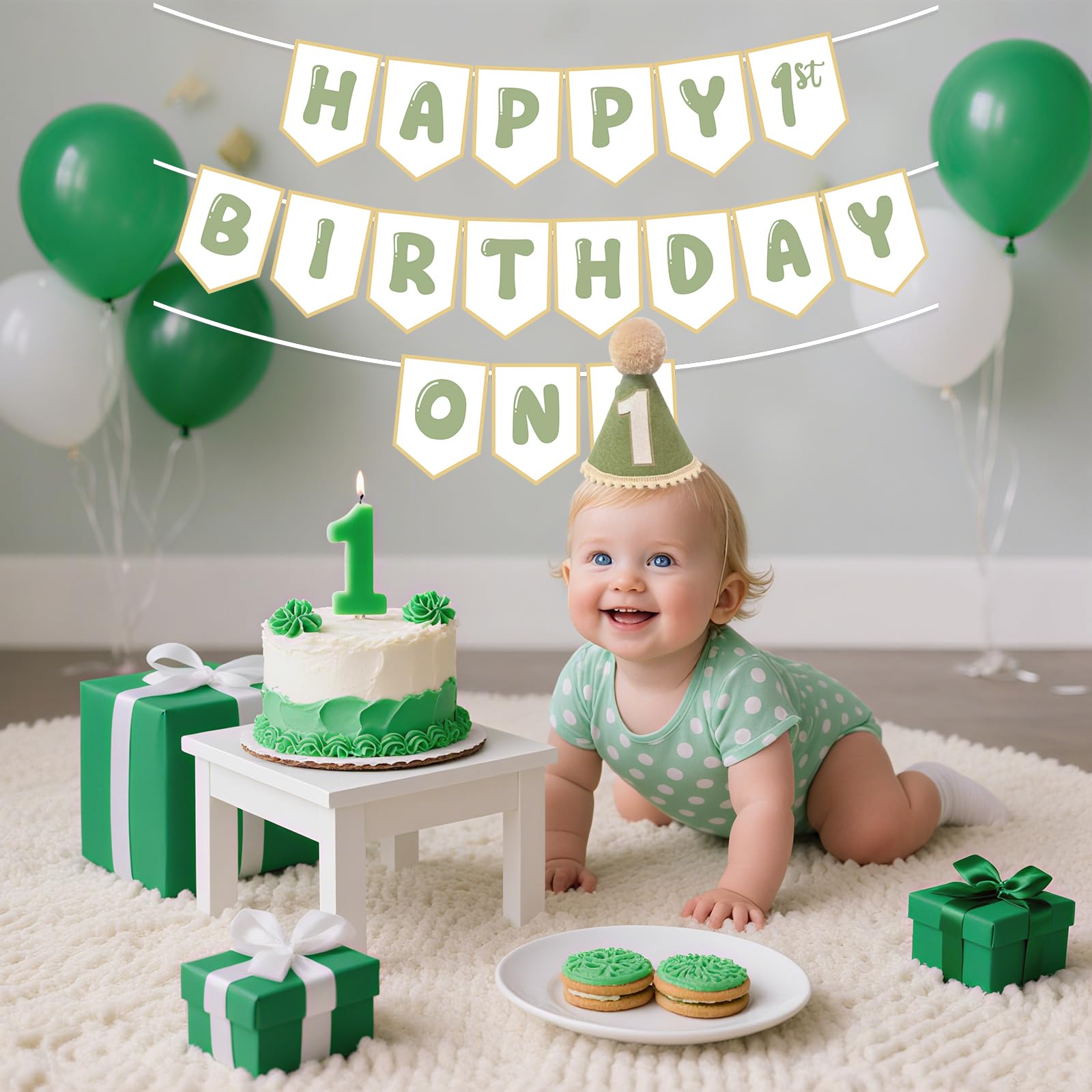 Shanmorine Sage Green 1st Birthday Hat and Pre-Strung Banner