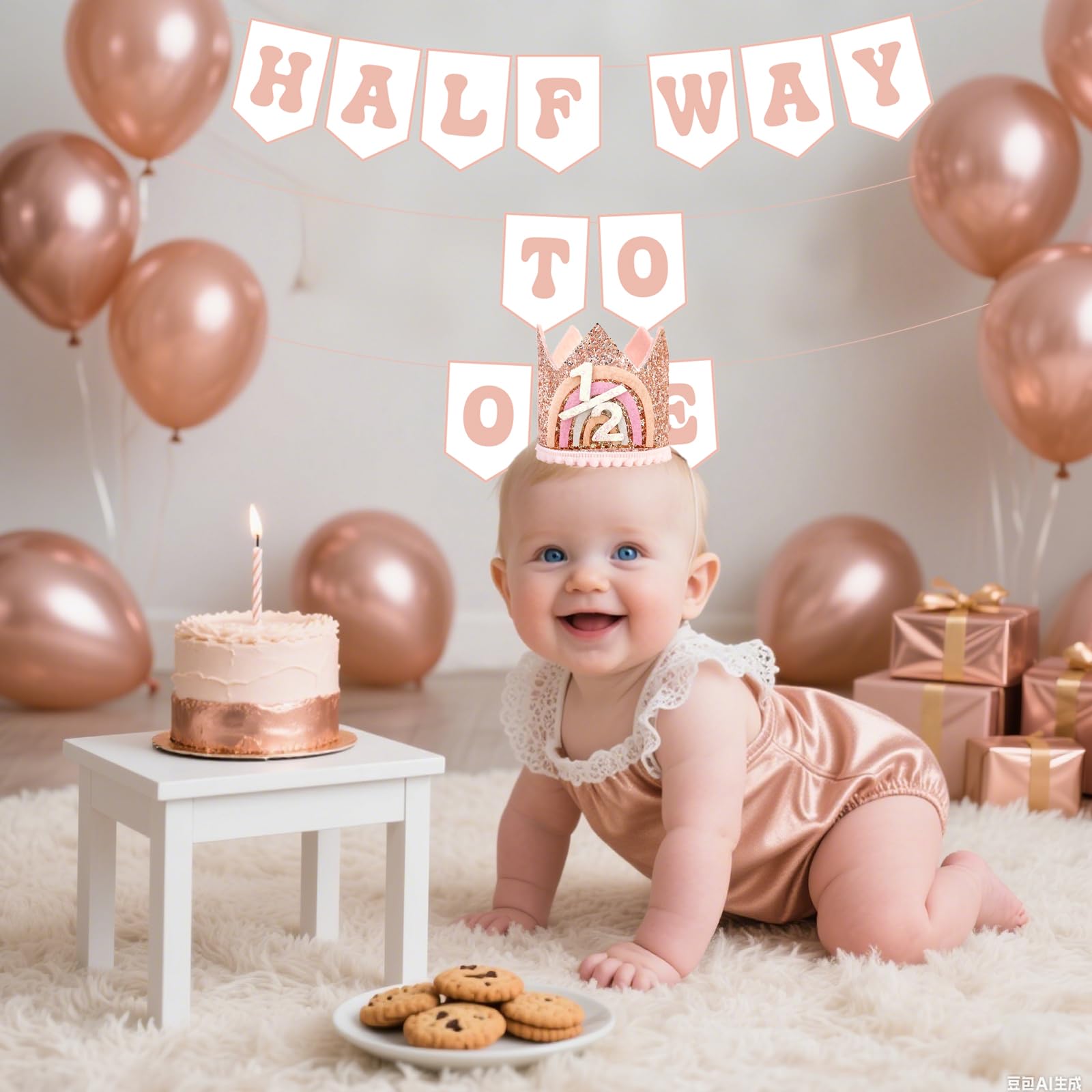 Shanmorine Rose Gold Half Birthday Crown & Half Way to One Banner for Girls | 6 Months BDDecorations