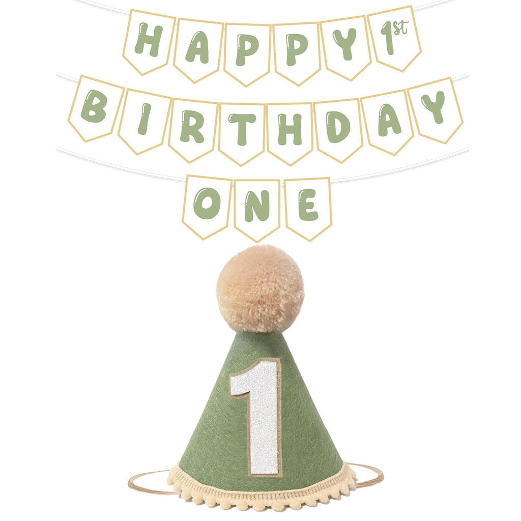 Shanmorine Sage Green 1st Birthday Hat and Pre-Strung Banner
