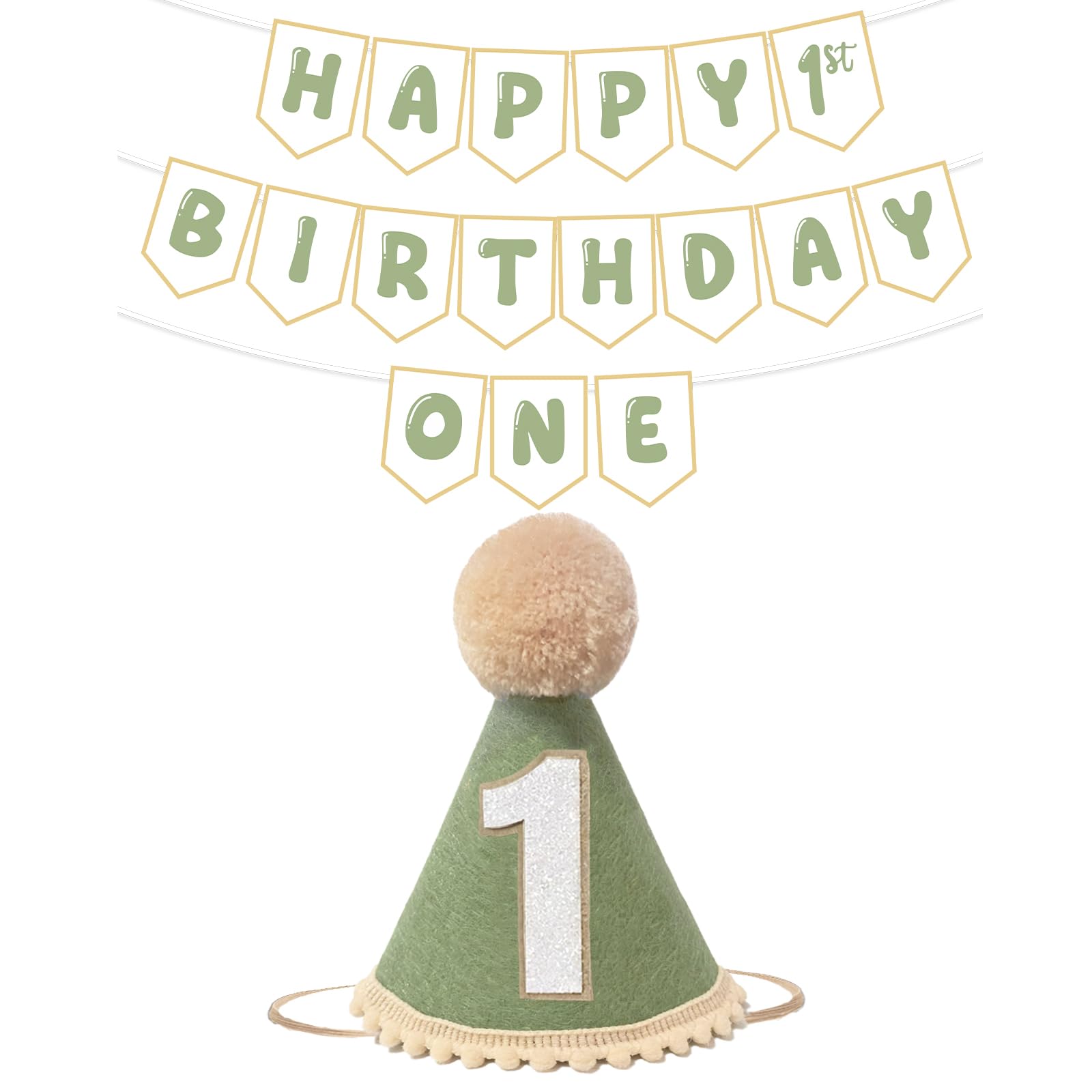 Shanmorine Sage Green 1st Birthday Hat and Pre-Strung Banner