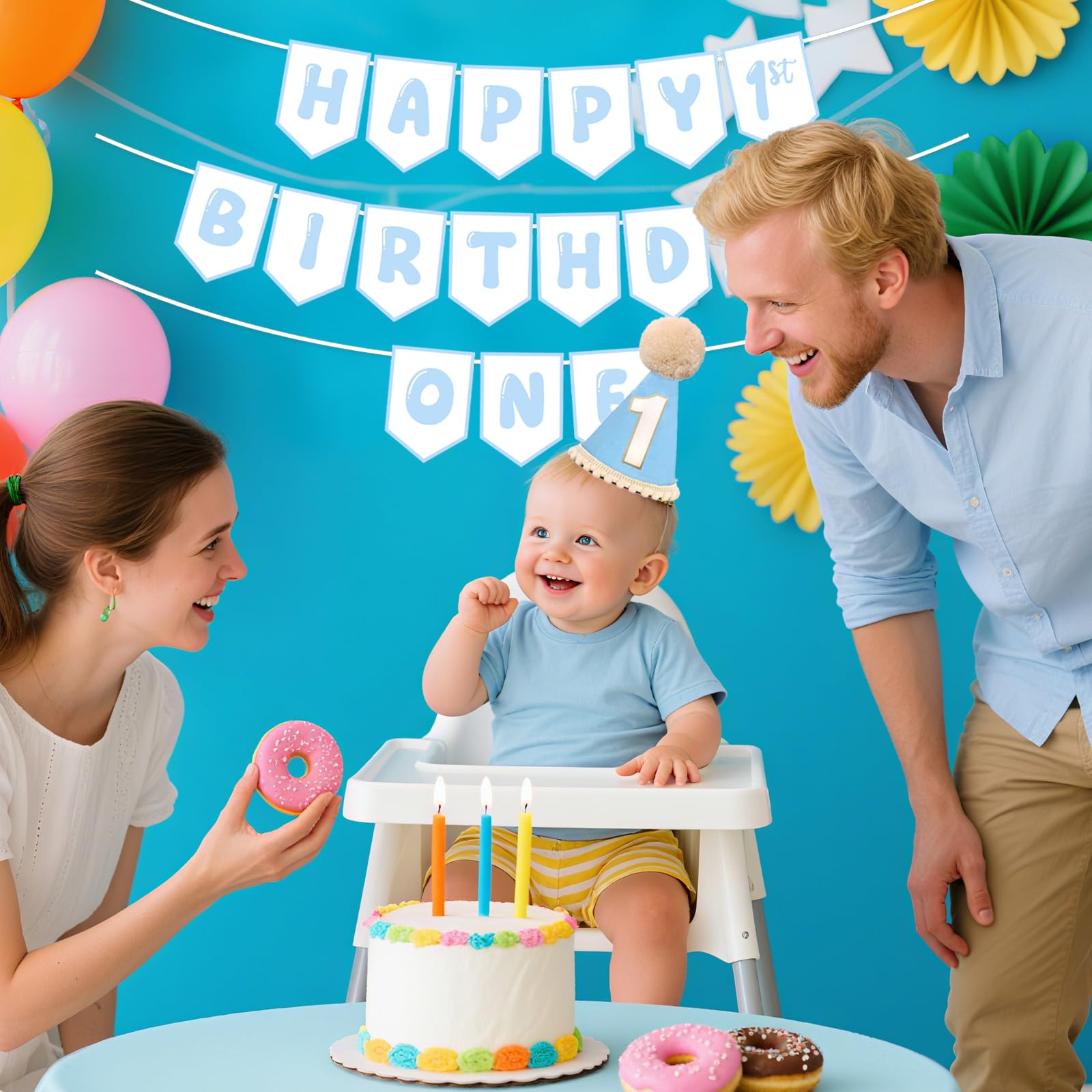 Shanmorine First Birthday Decorations for Boy – Blue Hat & Pre-Strung 1st Birthday Banner