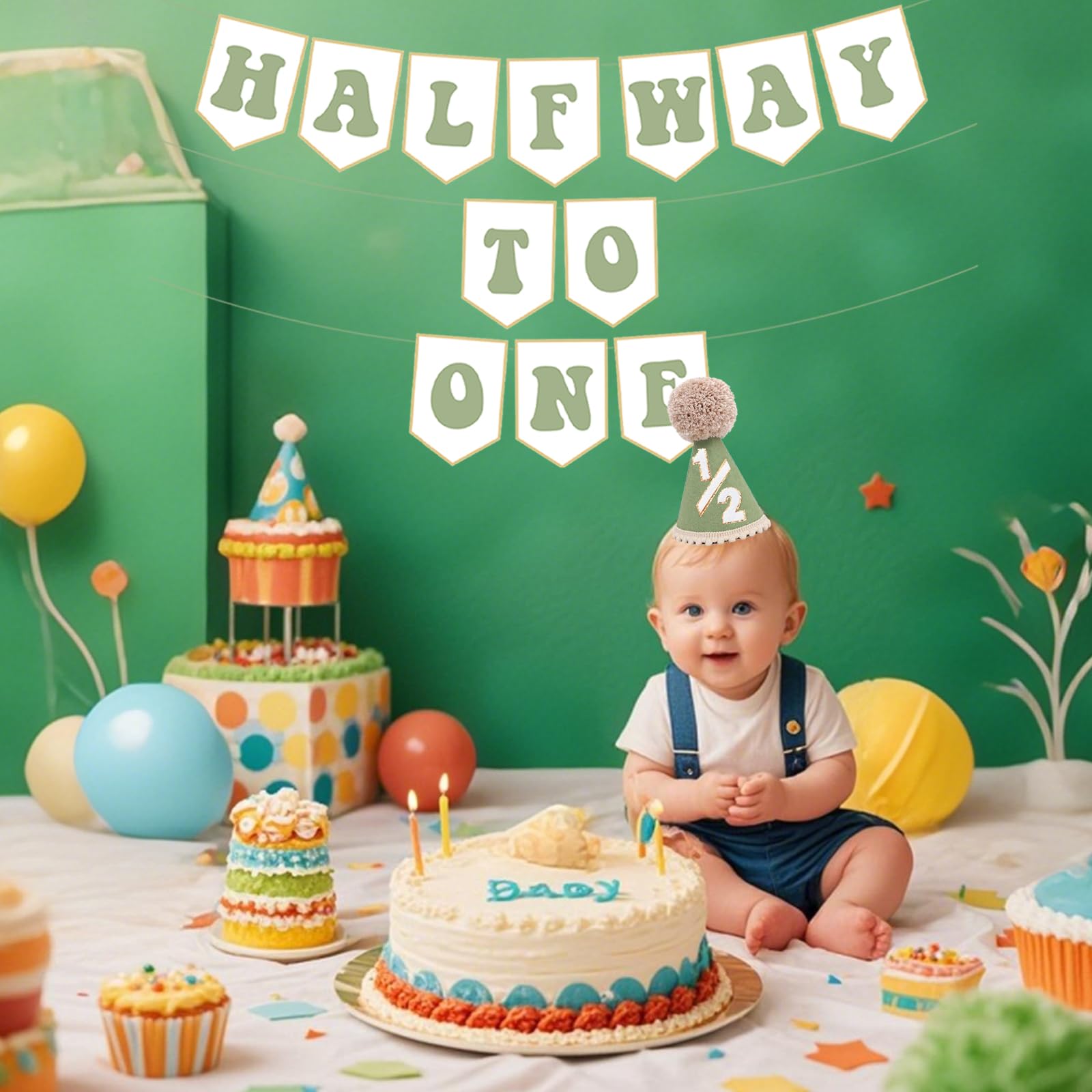Shanmorine Half Birthday Hat & Pre-Strung Banner – 1/2 Birthday Decorations for Six Months