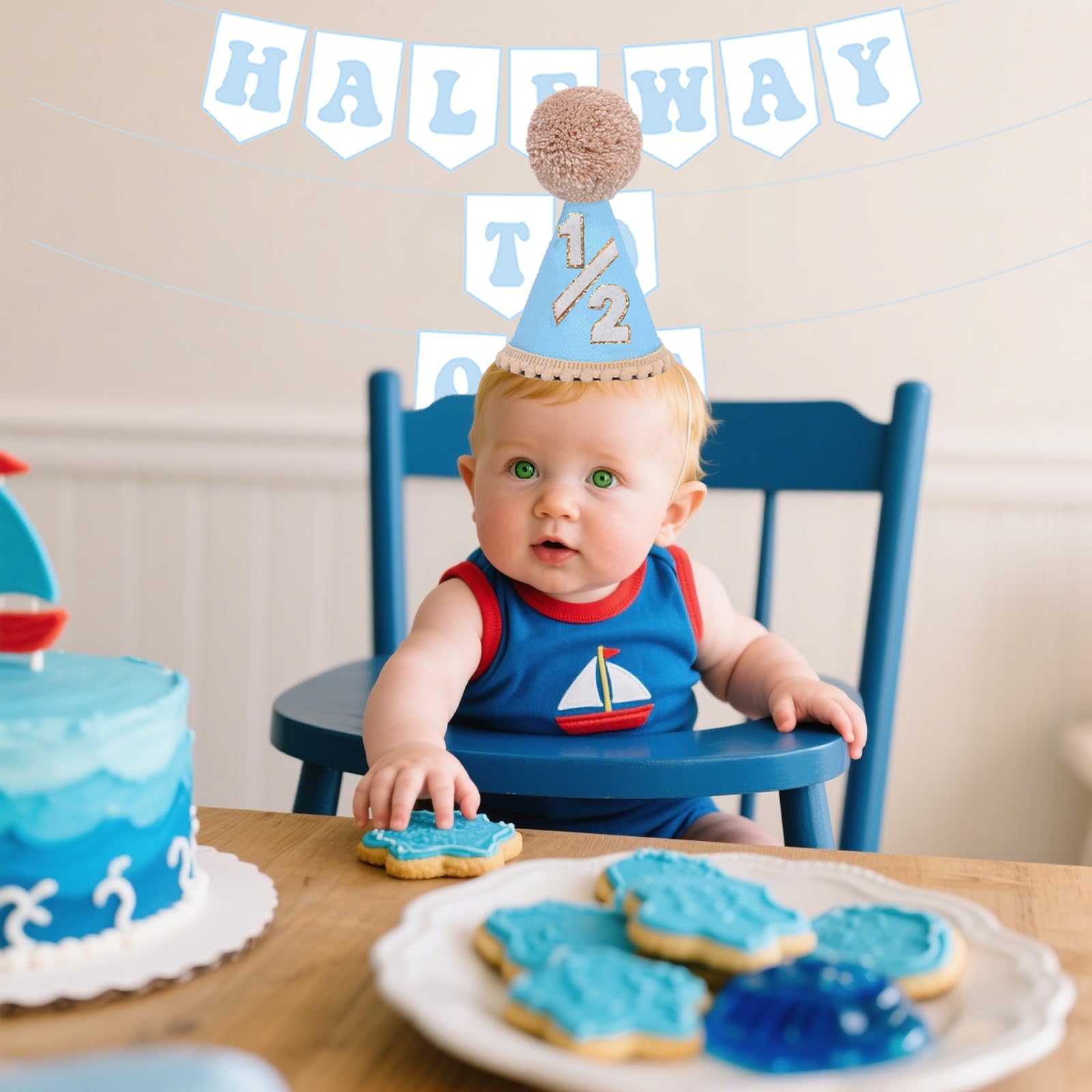 Blue Half Birthday Decorations for Boys | 1/2 Birthday Hat & Pre-Strung Banner by Shanmorine