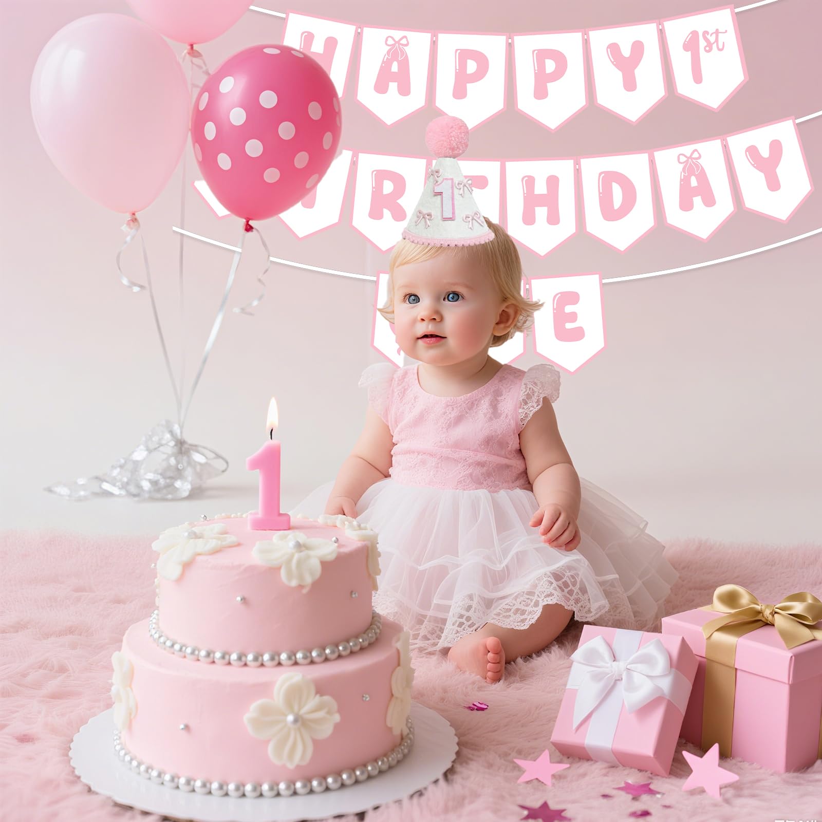 Shanmorine First Birthday Decorations for Girl – Pink Bow Hat & Pre-Stringed ‘HAPPY 1st BIRTHDAY’ Banner