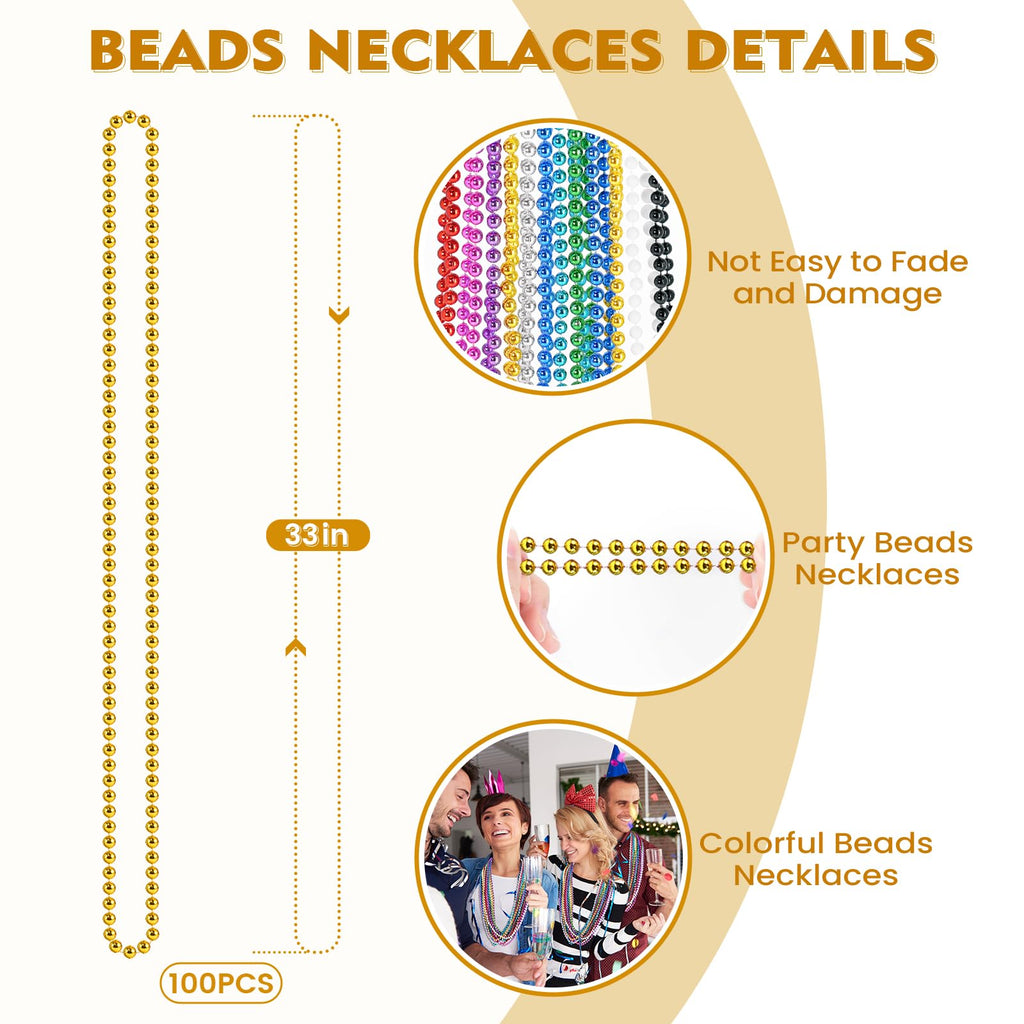 SHAOQINLIN 100 Pcs Mardi Gras Beads Necklaces – 10 Colors, 33-Inch Bulk Party Beads