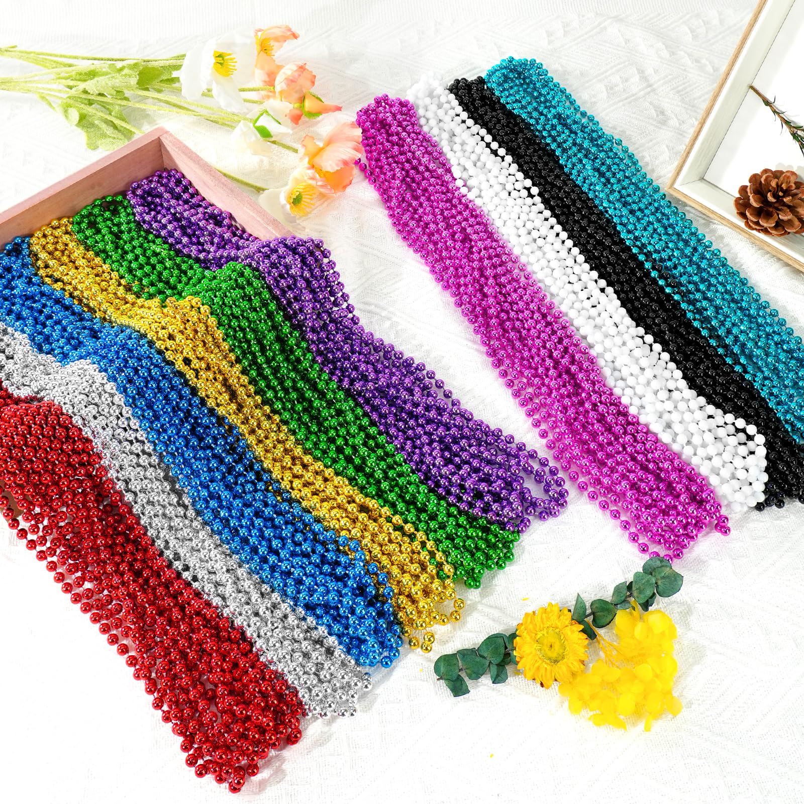 SHAOQINLIN 100 Pcs Mardi Gras Beads Necklaces – 10 Colors, 33-Inch Bulk Party Beads