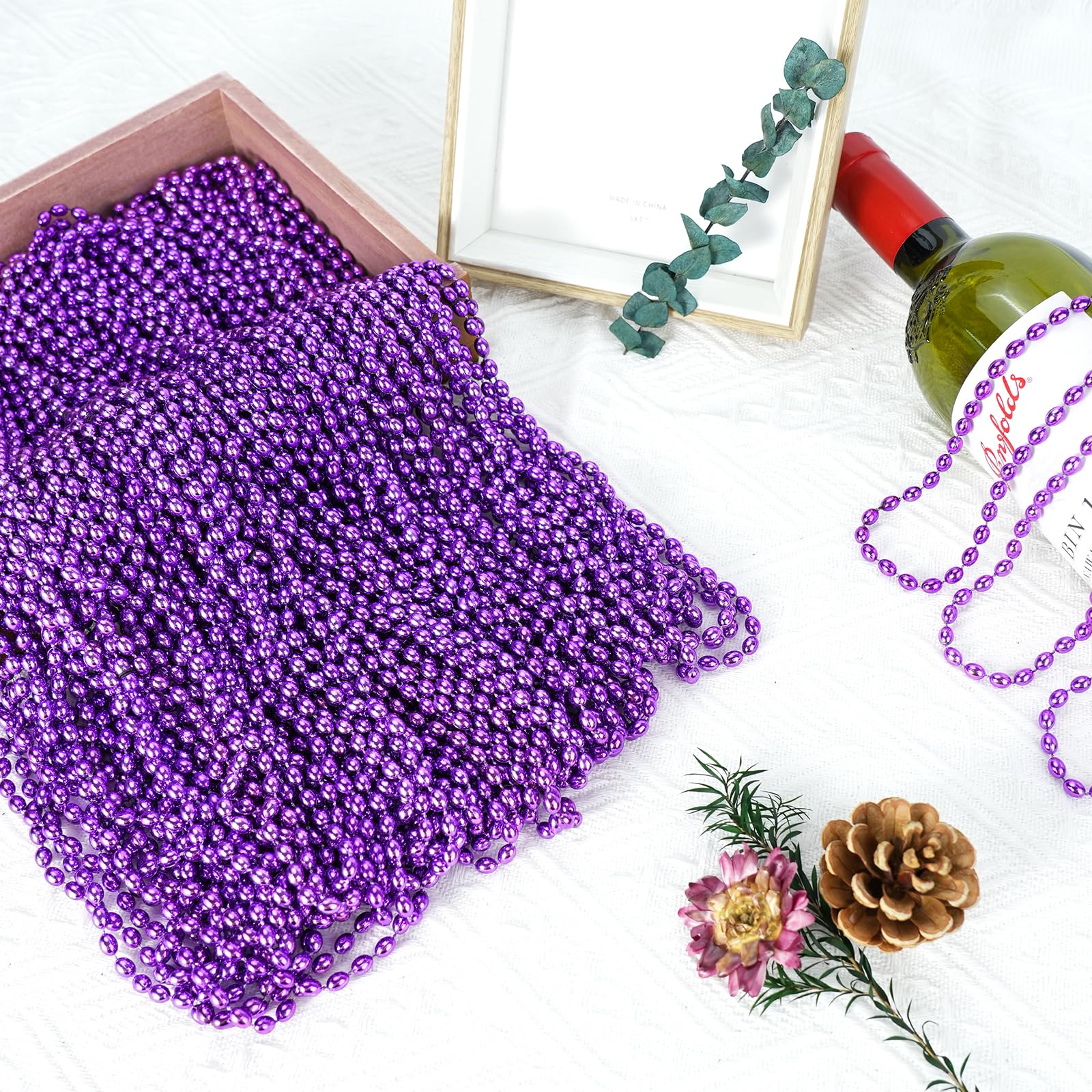 SHAOQINLIN 100 Pcs Purple Mardi Gras Beads – Oval Necklaces, 30.5-Inch Metallic Beaded Party Favors