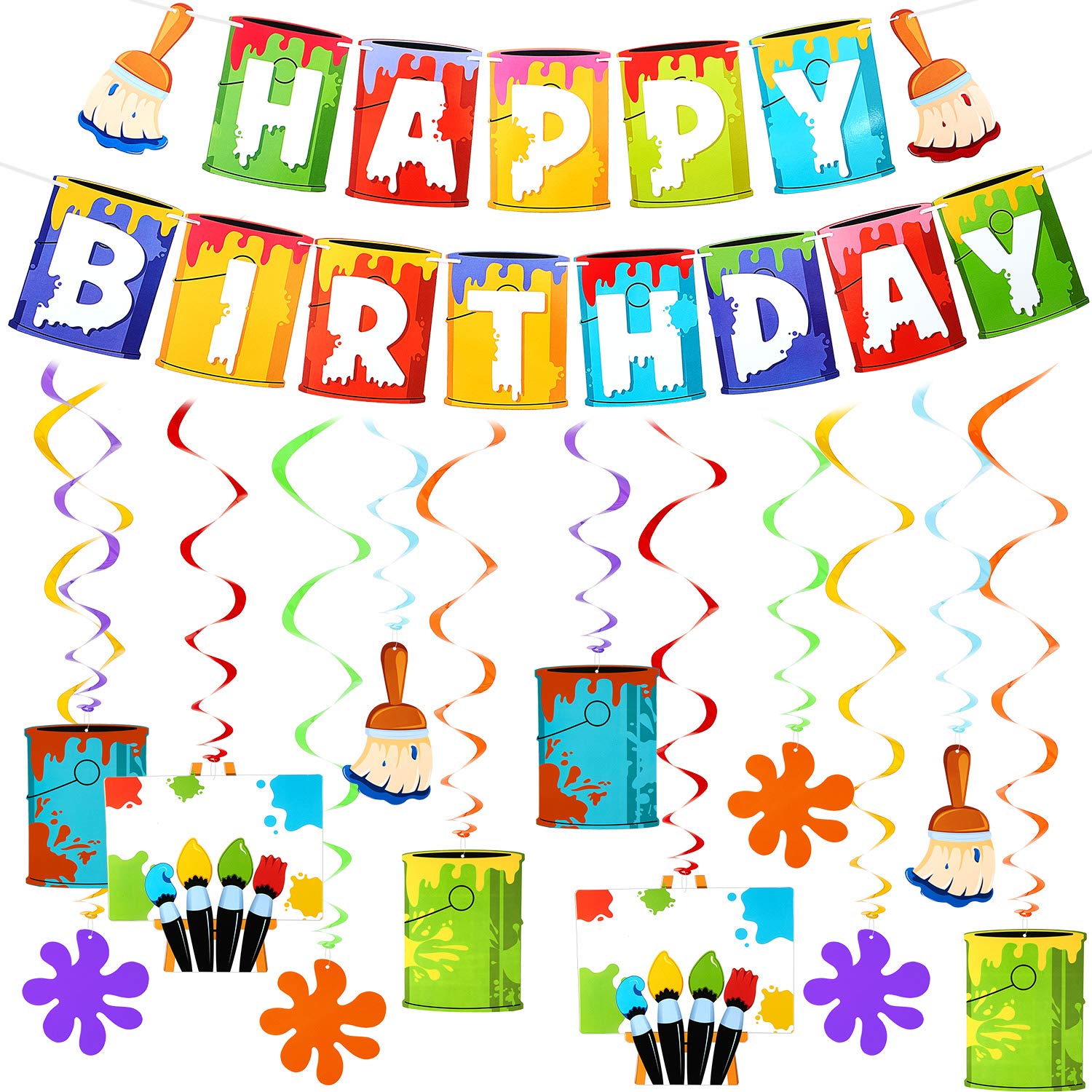 Shappy 25-Piece Art Painting Party Decorations – Birthday Banner, Cards & Hanging Swirls